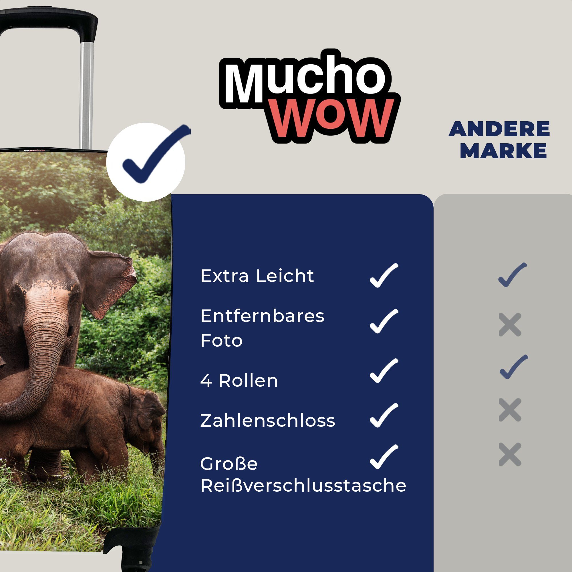 Reisekoffer - Rollen, Grün, Gras Tiere Handgepäck Wald - für Ferien, - 4 rollen, Trolley, Elefant Handgepäckkoffer mit MuchoWow - Reisetasche