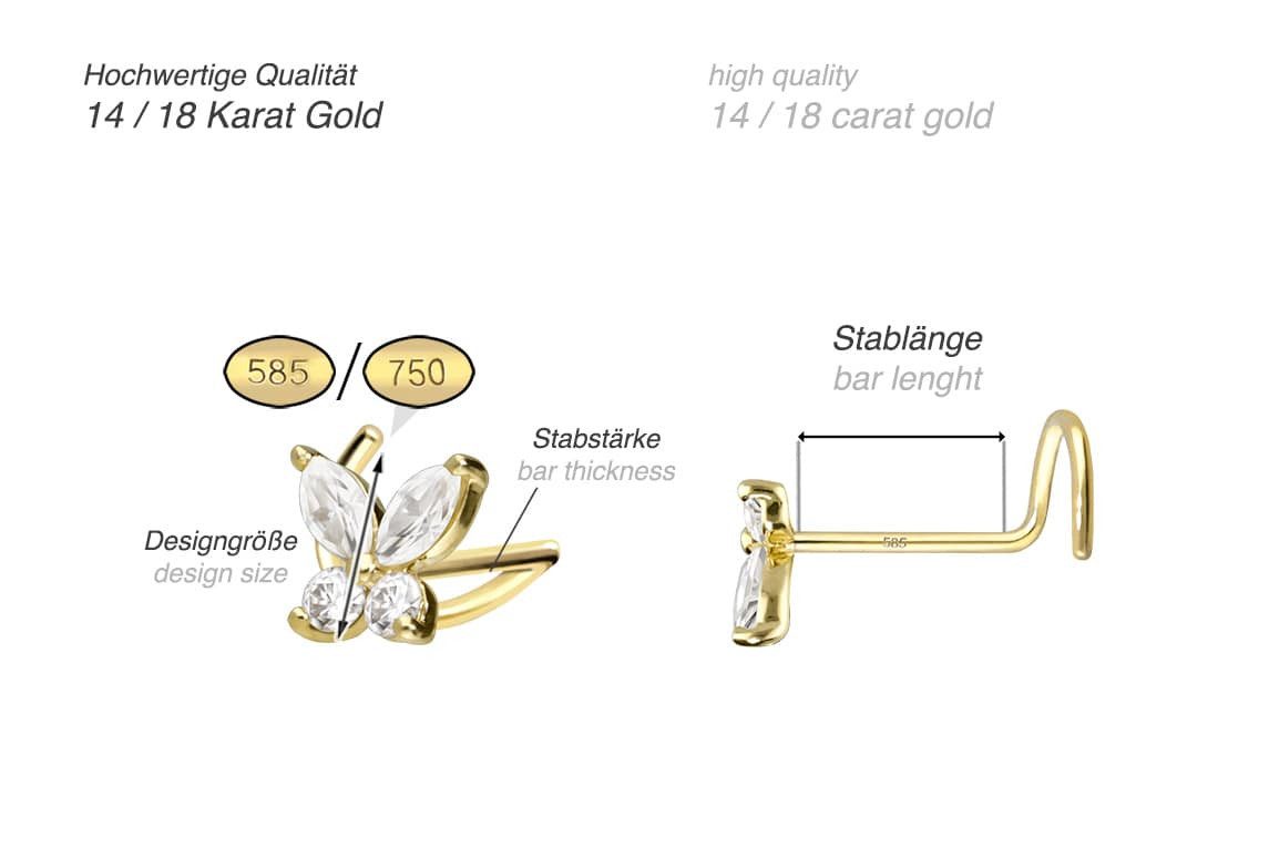 PIERCINGLINE Nasenpiercing 14/18 Karat Gold Nasenstecker Spirale MOISSANIT-SCHMETTERLING (Nasenstecker, 1-tlg)
