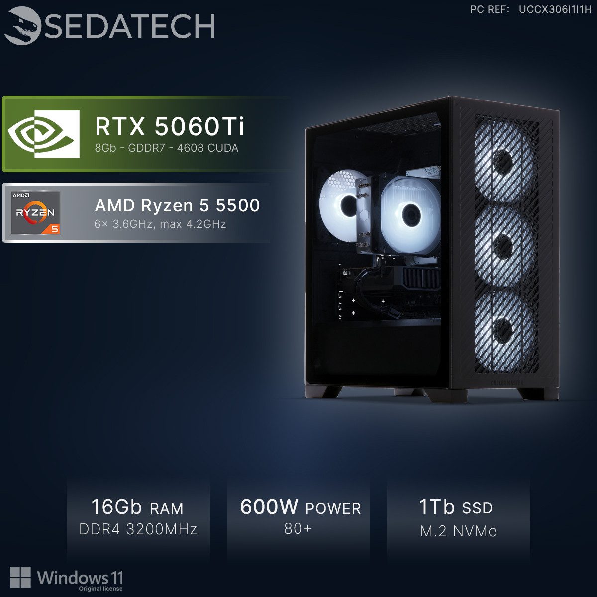 Sedatech UCCX306I1I1HF - Gaming-PC (AMD Ryzen 5 5500 6x 3.6GHz (max 4.2GHz), Geforce RTX5060Ti 8GB, 16 GB RAM, 1000 GB SSD, Wlan 4)