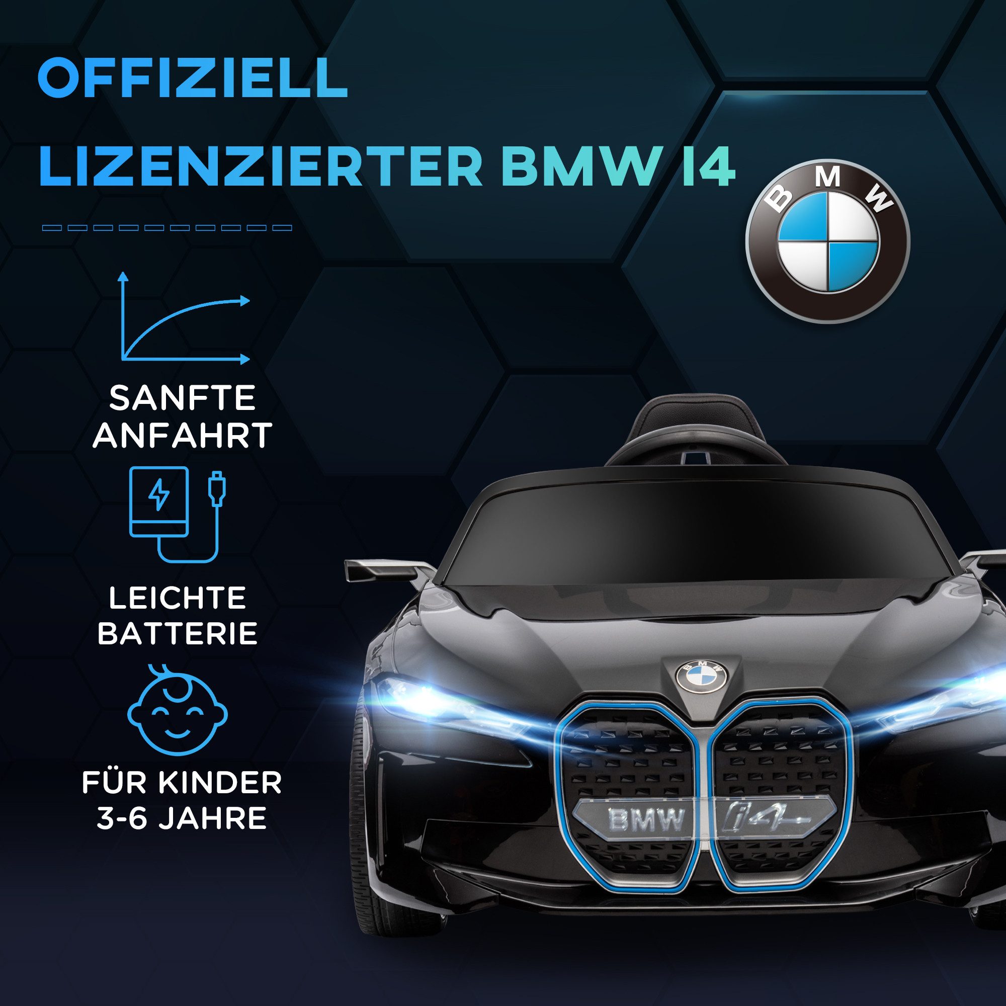 HOMCOM Elektro-Kinderauto Kinder Elektroauto, Elektrisches Kinderfahrzeug mit Scheinwerfer, Belastbarkeit 30 kg, (1-tlg), mit Fernbedienung, Schwarz – Bild 4 von 5