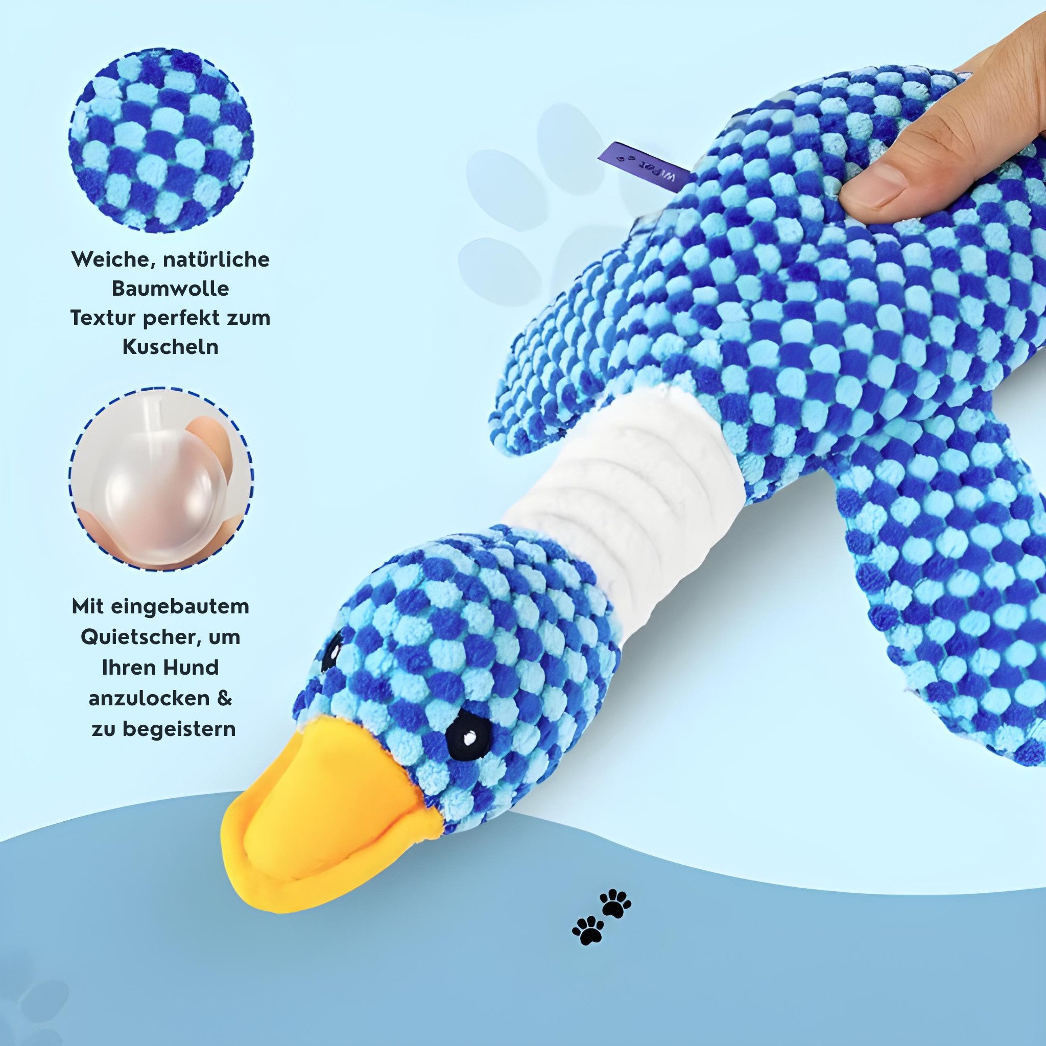 FLOCKI Pets™ Tierkuscheltier Quietschendes Hundespielzeug Ente – weiches Hundekuscheltier, niedliches Tierspielzeug, weiche Textur, mit Quietschen