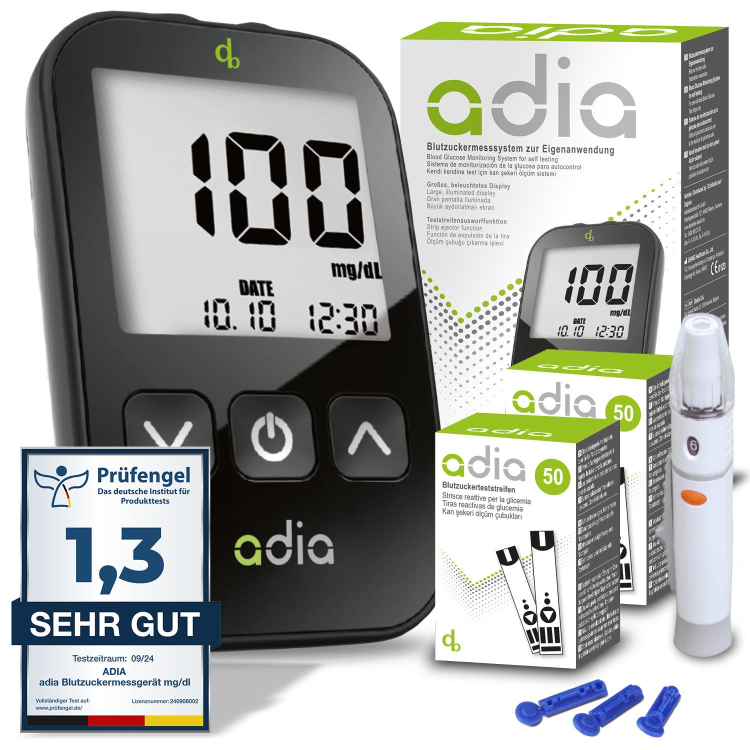 ADIA Blutzuckermessgerät adia Blutzuckermessgerät Set + 110 Teststreifen, mg/dl