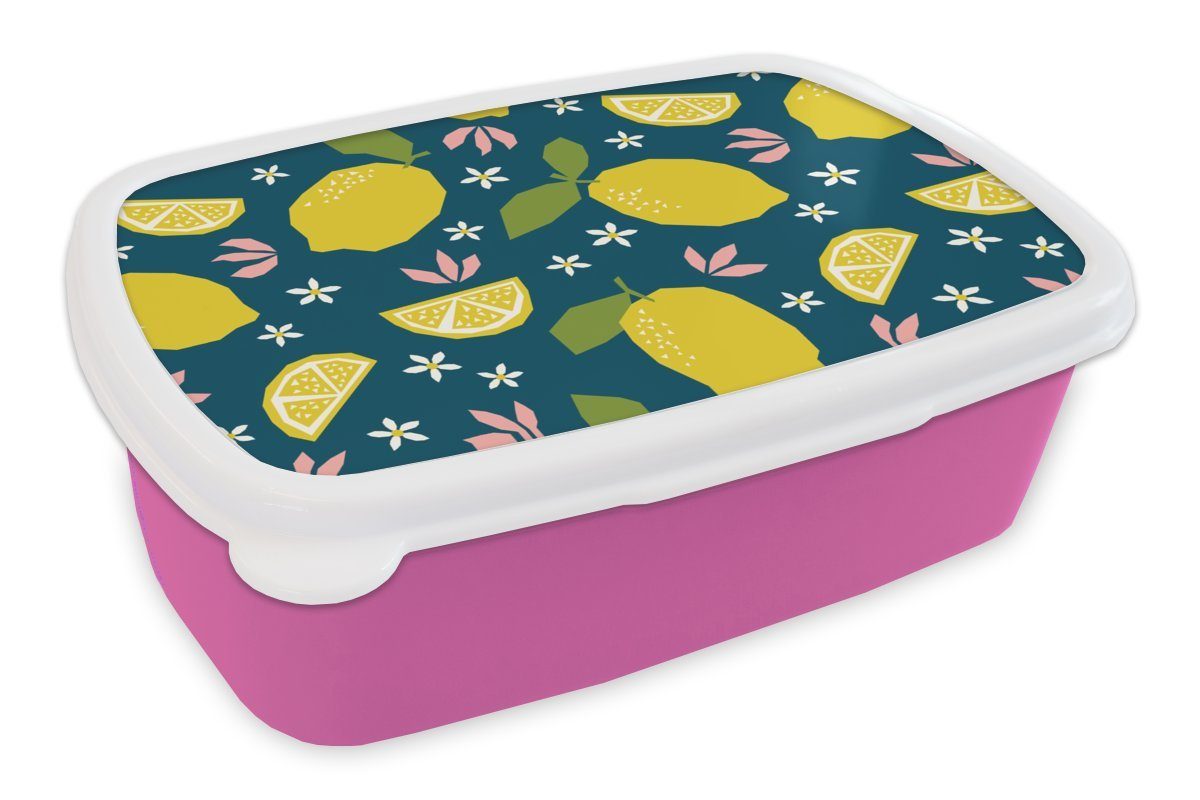 MuchoWow Lunchbox Zitrone - Muster - Sommer, Kunststoff, (2-tlg), Brotbox für Erwachsene, Brotdose Kinder, Snackbox, Mädchen, Kunststoff rosa