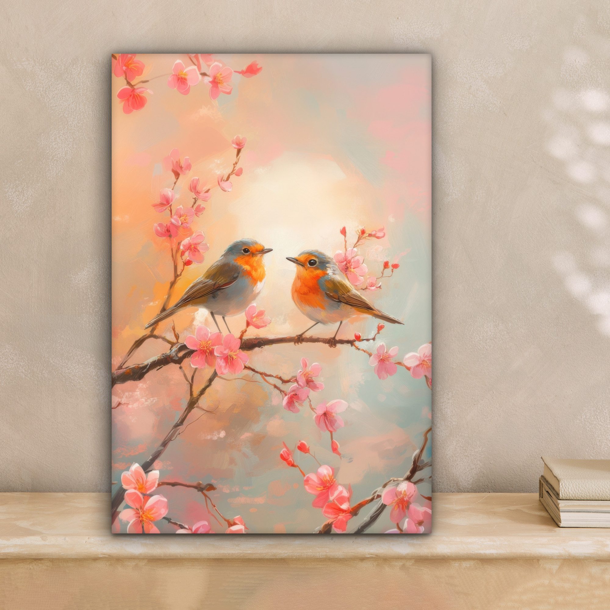 OneMillionCanvasses® Leinwandbild Rotkehlchen - Zierpflanze - Blütenzweig, günstig online kaufen