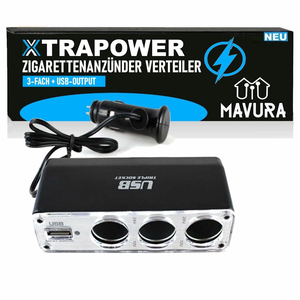 MAVURA Zigarettenanzünder-Verteiler XTRAPOWER Zigarettenanzünder Verteiler  Auto 12V/24V KFZ, Adapter 3-Fach mit USB Steckdosen Ladekabel Splitter