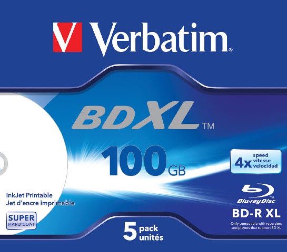 Verbatim Blu-ray-Rohling 5 Verbatim Rohlinge Blu-ray BD-R XL full printable 100GB 4x Jewelcase