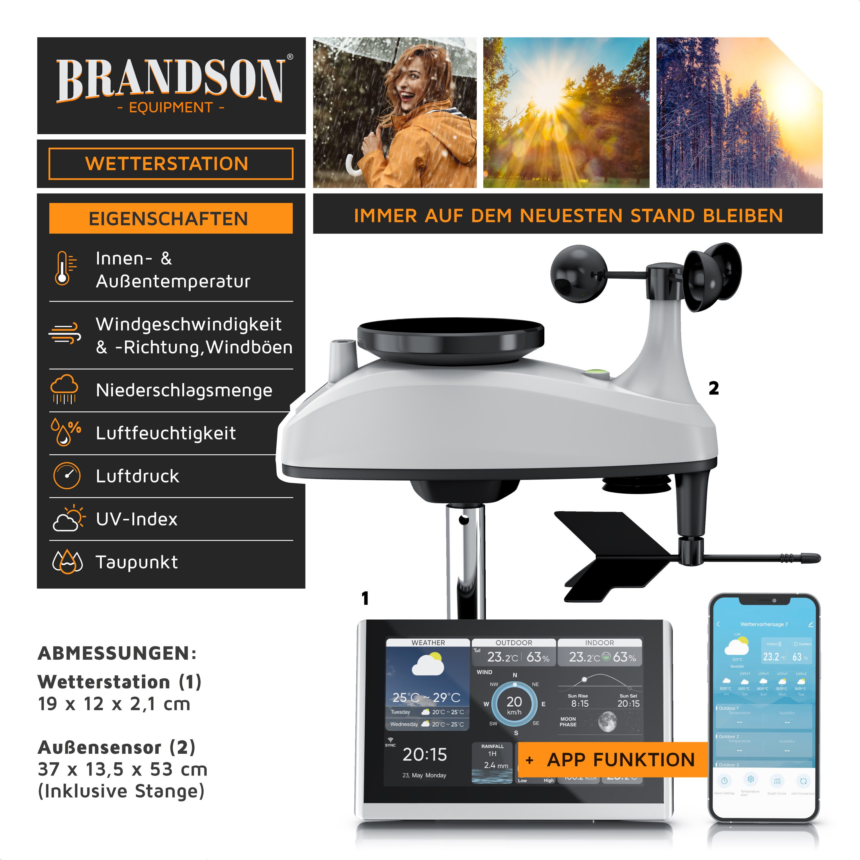 Brandson WIFI / Wlan, mit 7in1 Funk Außensensor, Barometer, Tuya Smart App Wetterstation (mit Außensensor (Temperatur, Luftfeuchtigkeit, Wind, Regen, Luftdruck), Wecker, Wetter Prognose, Temperaturtrend, UV, Mondphase)