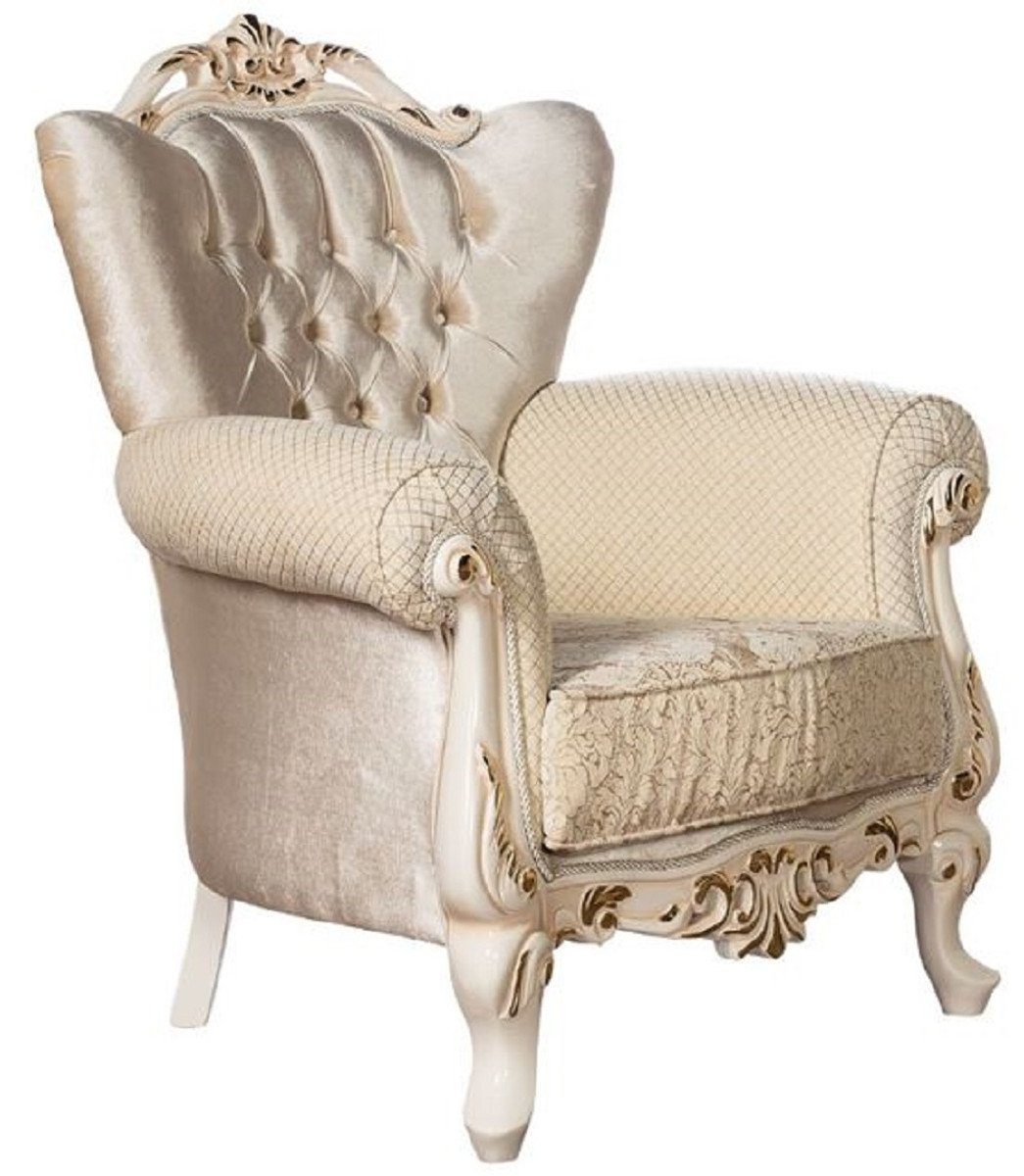Casa Padrino Sessel Luxus Barock Wohnzimmer Sessel Gold / Creme / Gold - Prunkvoller Sessel mit Muster - Handgefertigte Barock Wohnzimmer Möbel
