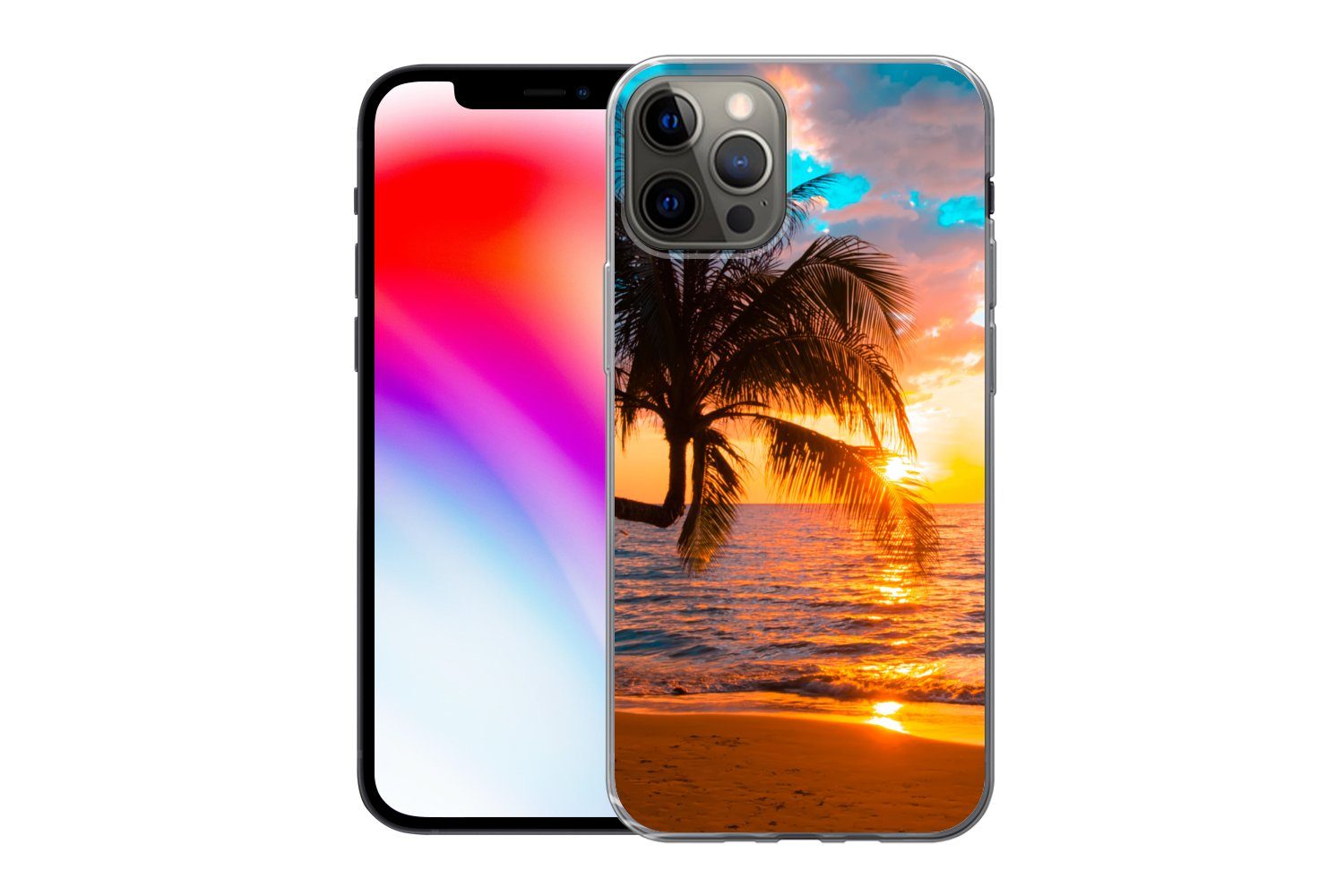 MuchoWow Handyhülle für Apple iPhone 13 Pro Palme - Sonnenuntergang - Horizont - Strand -, Smartphone-Bumper, Print, Handy Schutzhülle Dünn