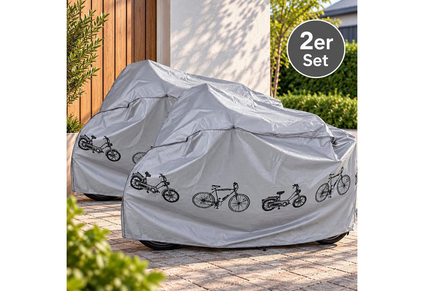 Koopman Fahrradschutzhülle Fahrradabdeckung Witterungsschutz Schutzhaube 2er Set (Stück, 1-St., Packung), je 180x100cm, 100% PEVA, Wasserdicht, Grau