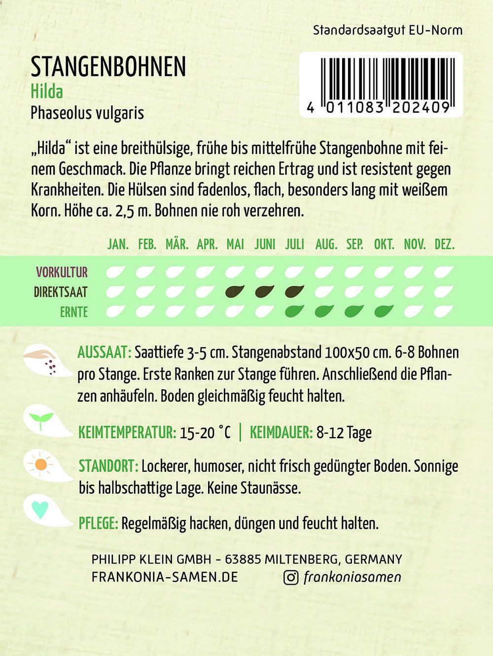 FRANKONIA Gemüsesamen Stangenbohne, Hilda - Bohnen-Samen Saatgut Samen, Phaseolus vulgaris – Bild 2 von 2