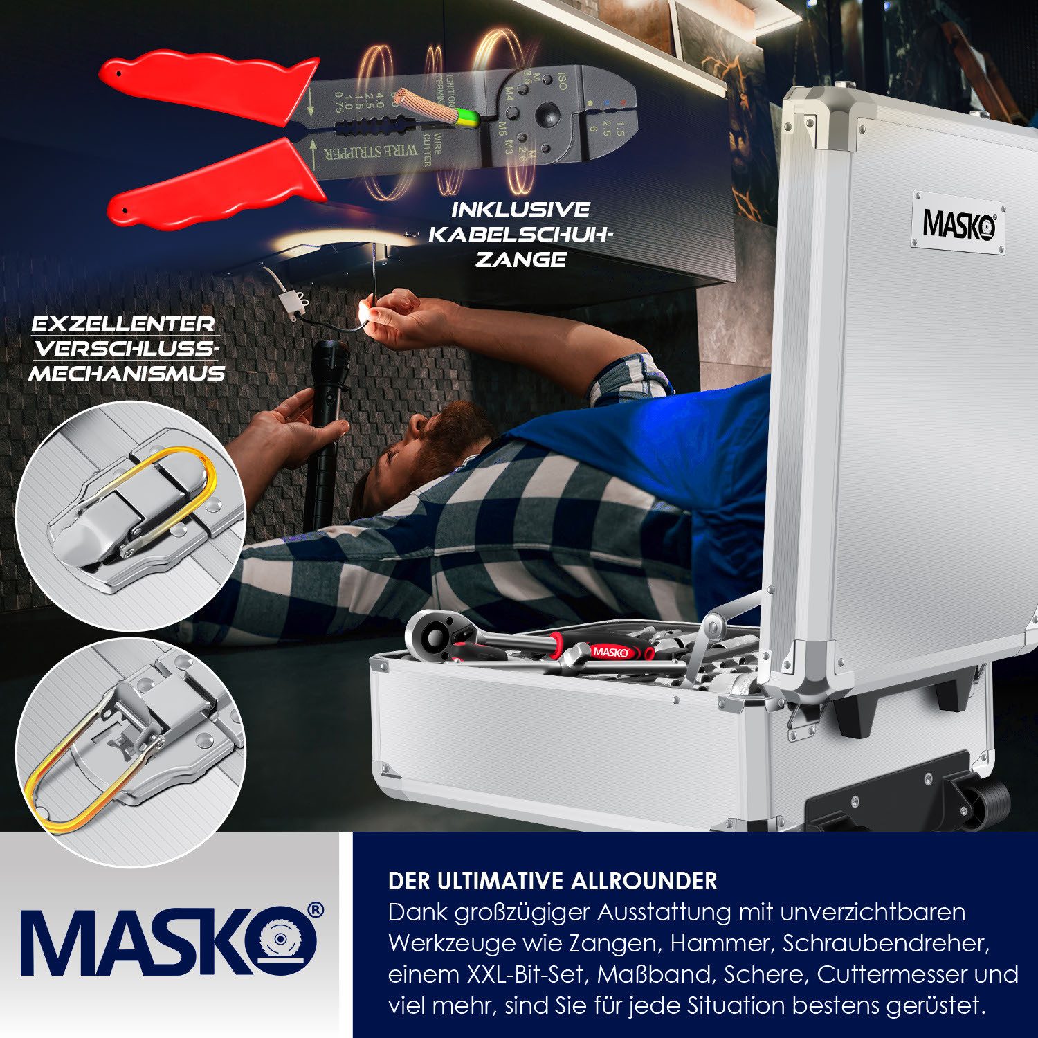 MASKO Werkzeugtrolley Werkzeugkoffer 1400-teilig, Werkzeugkasten aus Aluminium mit Rollen (gefüllte Werkzeugkiste mit Profi-Werkzeugset aus 1.400 Einzelteilen), – Bild 5 von 5