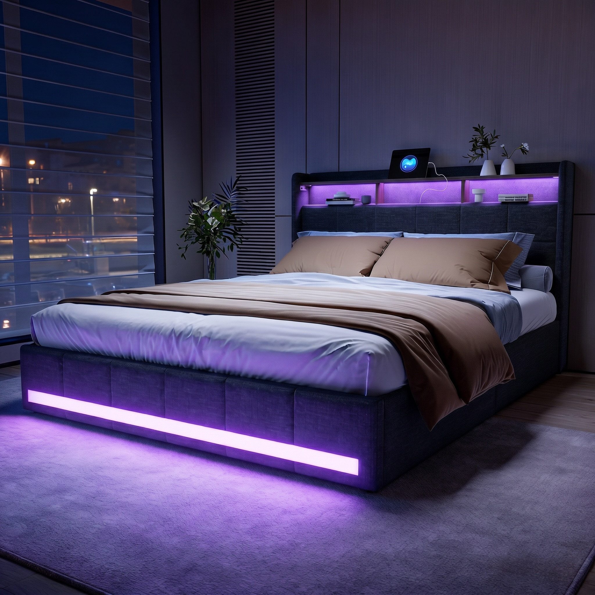 PXloue Polsterbett LED Doppelbett Stauraumbett, mit USB-Laden und Stauraum am Kopfteil,Leinen,140x200 cm