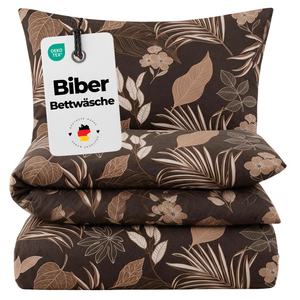 Carpe Sonno Bettwäsche Biber Warme Bettwäsche Winter Flanell Blätter 135 x 200 / 155 x 220, Biber, 2 teilig, Kuschelige Winterbettwäsche - Baumwolle - Reißverschluss - 135x200 cm