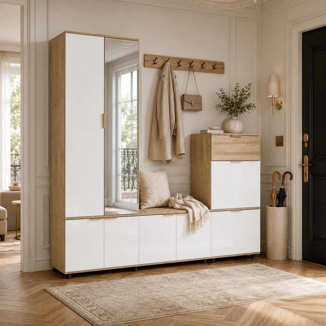 FUFU&GAGA Garderoben-Set 190 cm, weiße PET Hochglanz Flur Garderobenschrank Eiche, (Garderoben-Set)