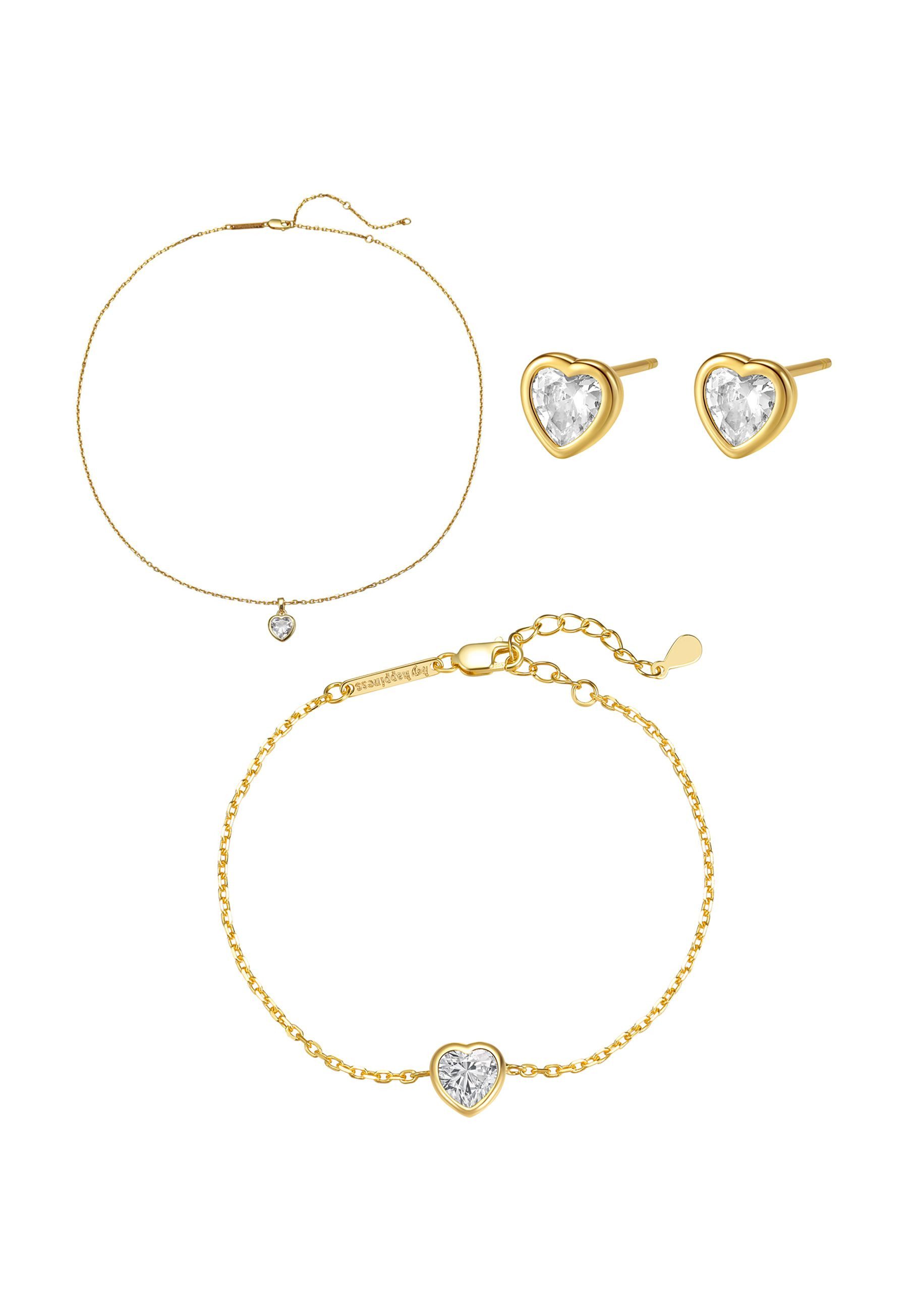 Hey Happiness Schmuckset Lumina Herz, aus 925 Silber mit Zirkonia Herzen, Elegantes Damen Set mit Herz Kette, Armband & Ohrsteckern