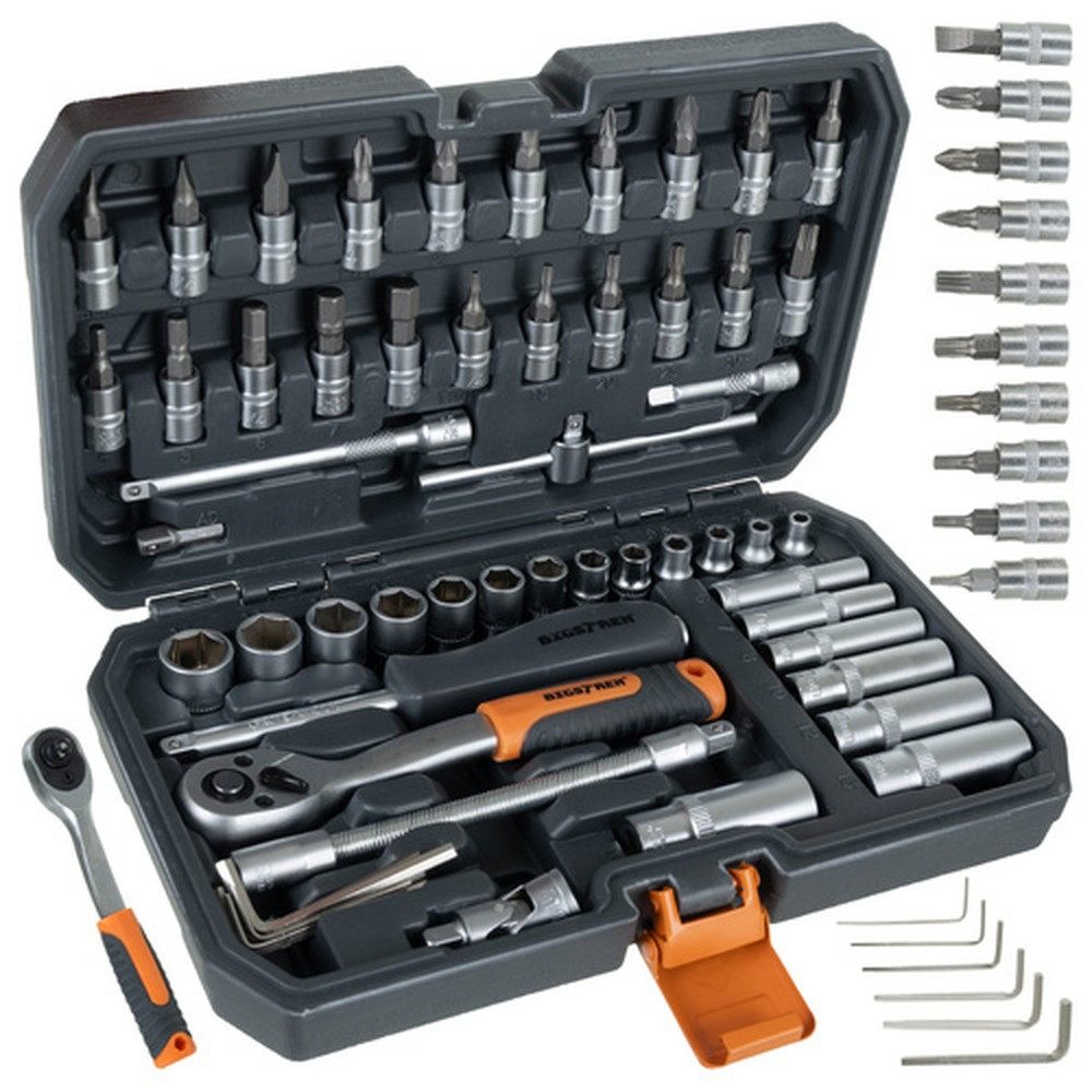 BIGSTREN Steckschlüssel Profi-Werkzeugset 1/4"-Steckschlüssel (Spar-Set, 56 St., kompakt), Feinverzahnte 72T-Ratsche für präzises Arbeiten auf engem Raum