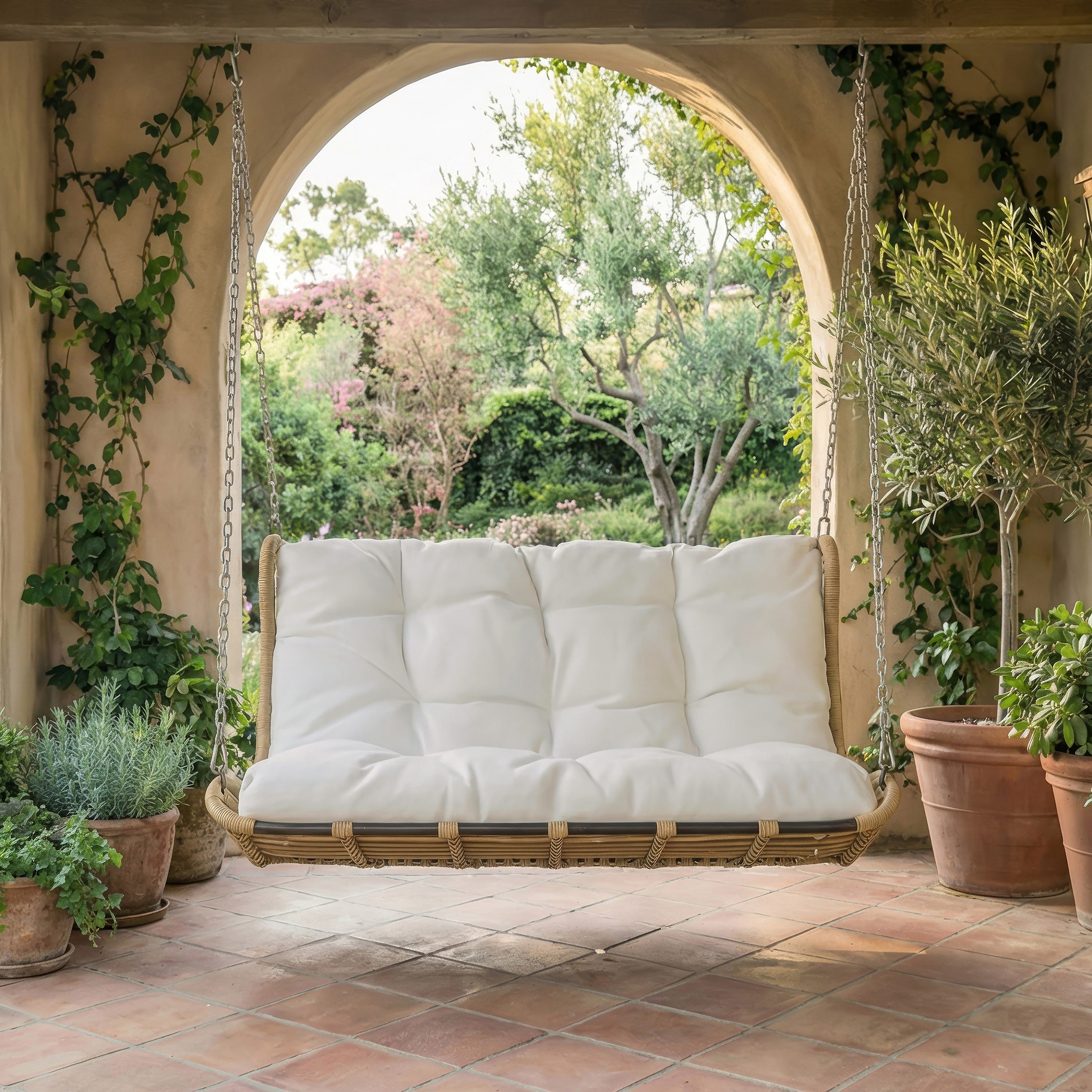 MODFU Hängesessel PE-Rattan-Doppelsitz-Schaukel, Beige, für Außenbereich (1-St., Inkl. Kissen & 2 Ketten, Kissen abnehmbar & waschbar), Hängeschaukel für Garten & Terrasse, ohne Rahmen