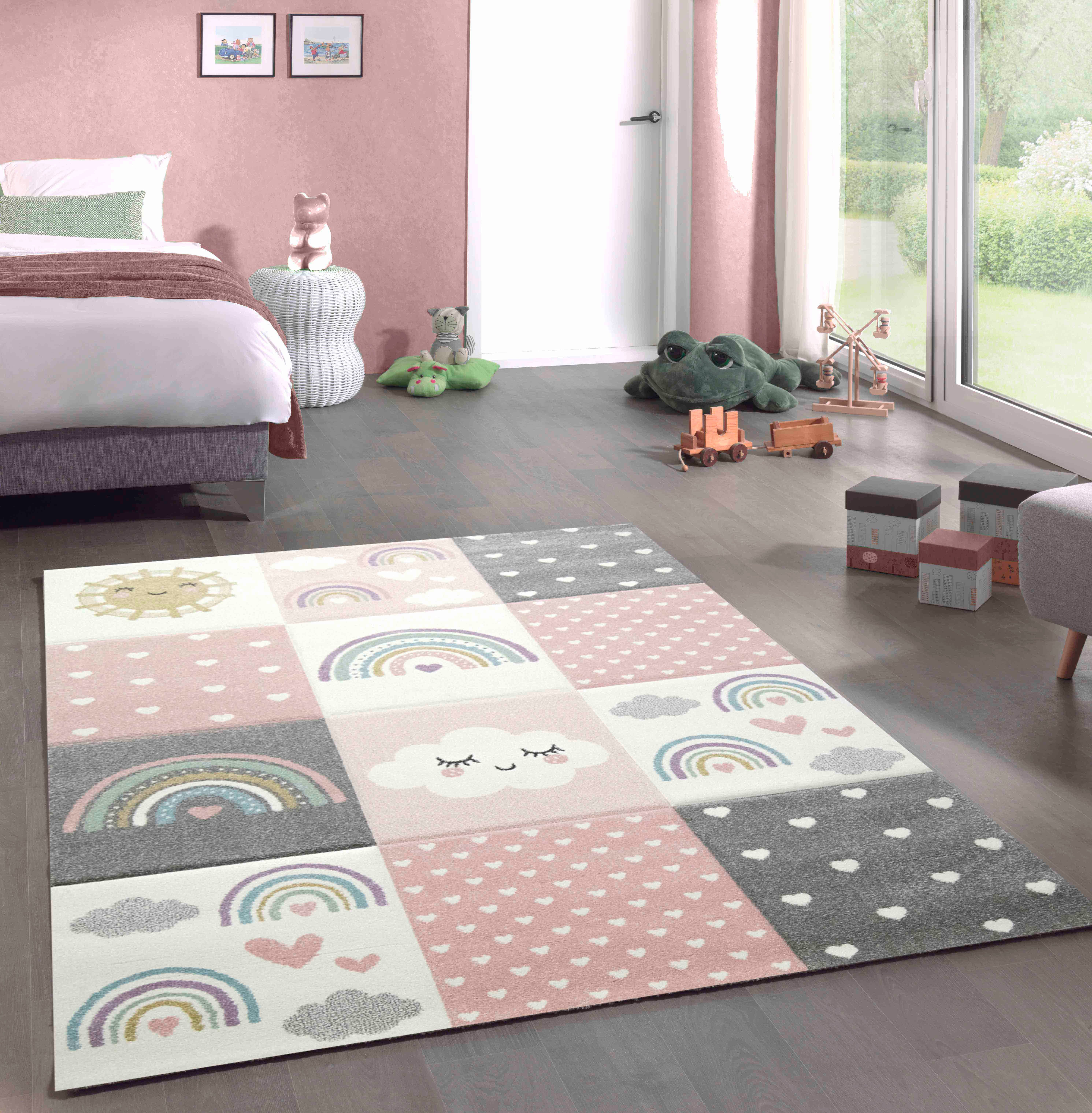 Kinderteppich Spielteppich Kinderzimmer Teppich Herzchen Wolken Regenbogen  Punkte rosa creme grau, Carpetia, rechteckig, Höhe: 13 mm