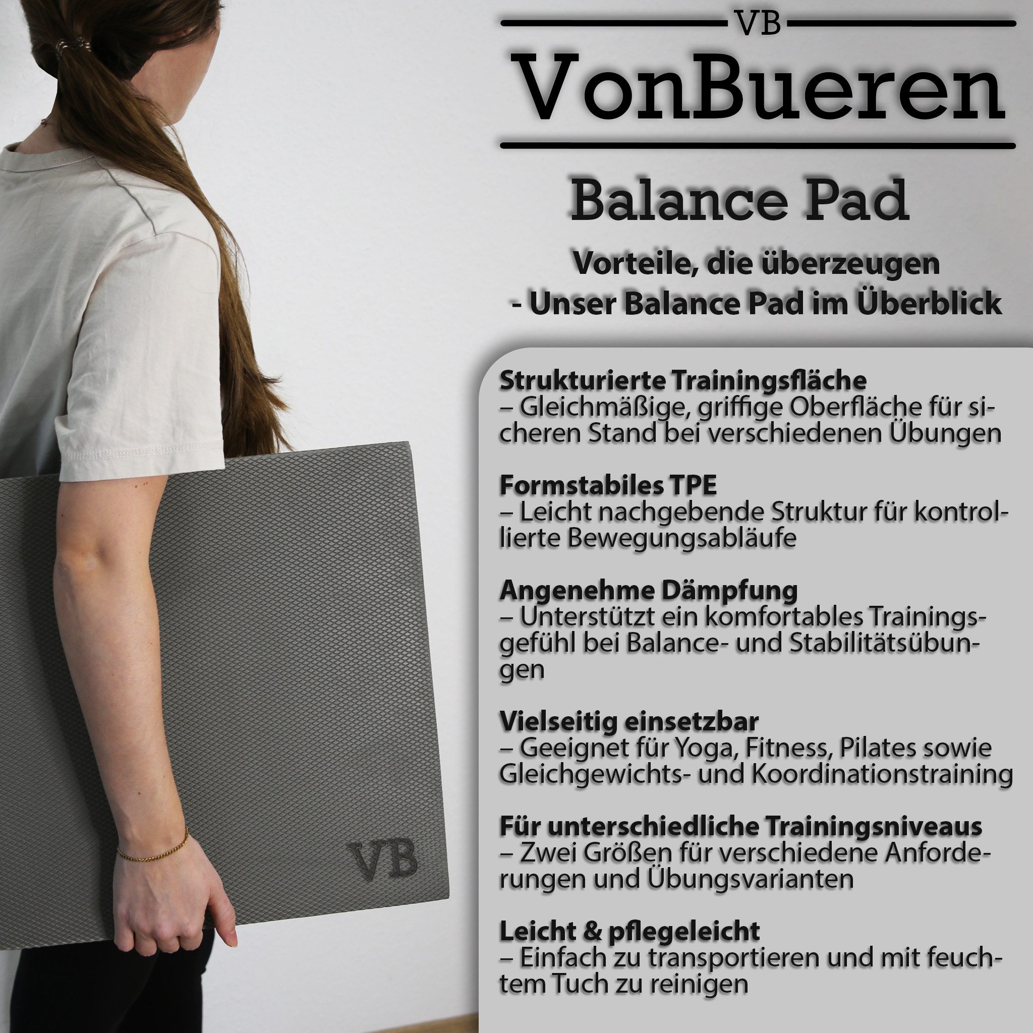 VonBueren Balance Pad XL ca. 48x40,5x6cm grau TPE rutschfest für Stabilitätstraining, Strukturierte Oberfläche, formstabiles TPE für Balanceübungen