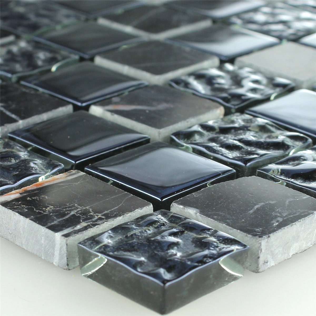 Mosafil Mosaikfliesen Mosaikfliesen Glas Marmor Naturstein Helsinki Schwarz Geriffelt 25, Naturstein-Glas 32.700x30.200, schwarz, Verlegefertig auf ein Netz geklebt - Wasserfest
