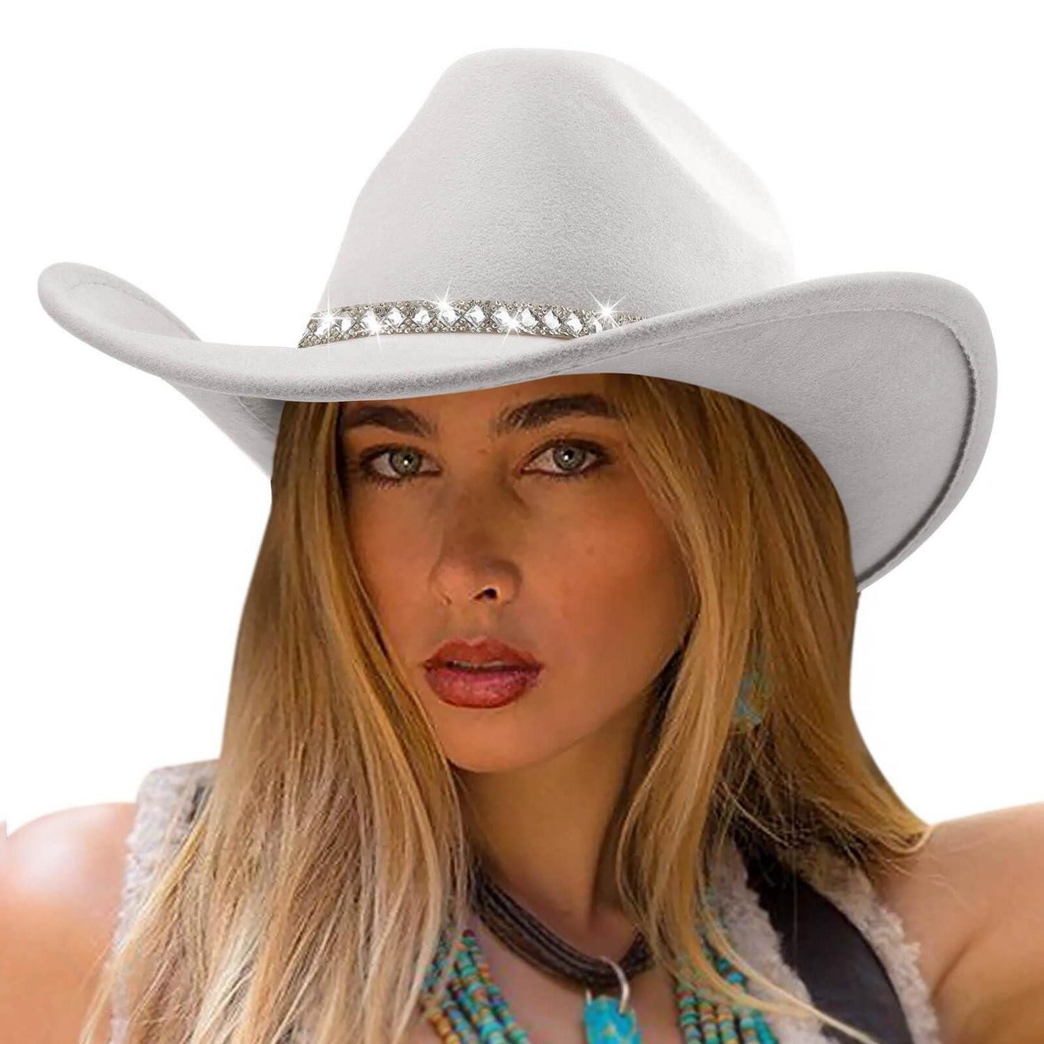 LuxusKollektion Cowboyhut Cowboyhut Damen Herren Western Filz Strass 1 pc Fedora Hat: A-White