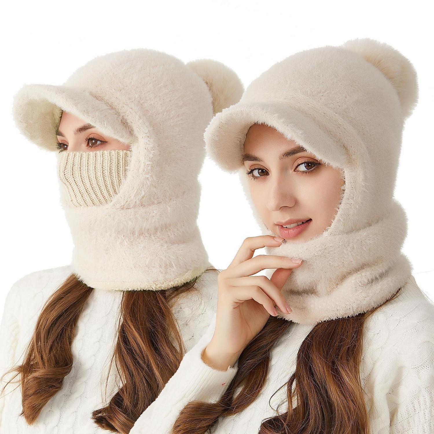 Sturmhaube Strickmütze Damen Mädchen Kapuzenschal Sturmhaube Fleece Beige