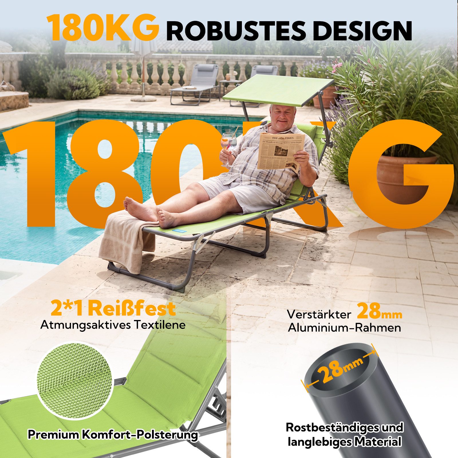 HOMECALL Gartenliege Sonnenliege AluLiege Liegestuhl Strandliege Liegen wetterfest, klappbar, Textilene Mit Dickemschnelltrocknende Schaumstoffpolsterung, Verst – Bild 4 von 5