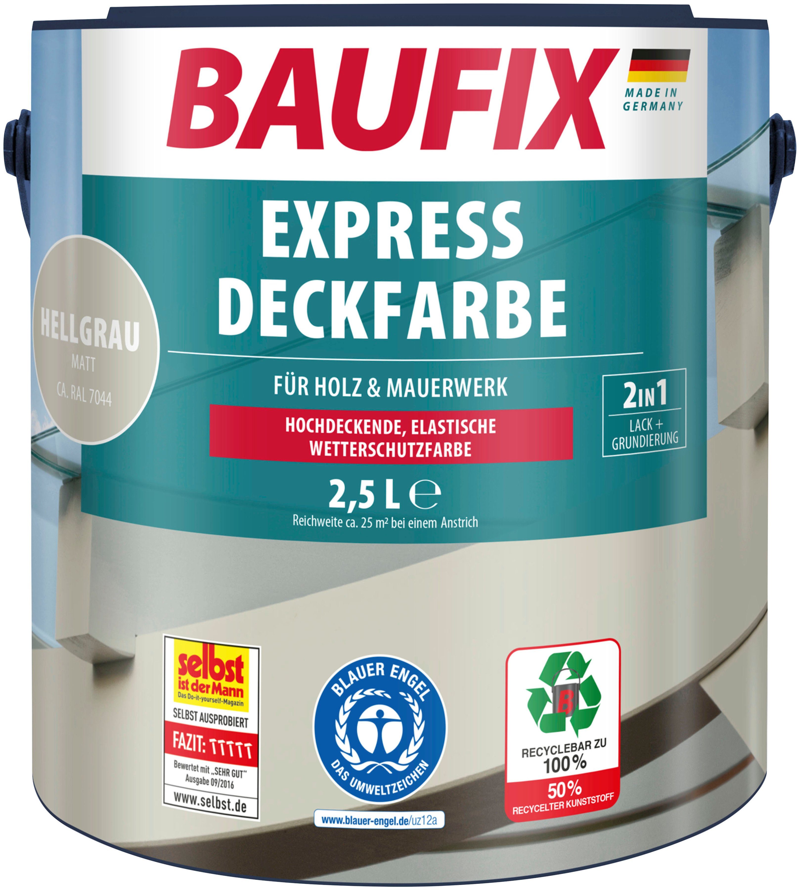 Baufix Wetterschutzfarbe Express Deckfarbe, erhöhte Witterungsbeständigkeit, elastisch, 2,5L, matt hellgrau