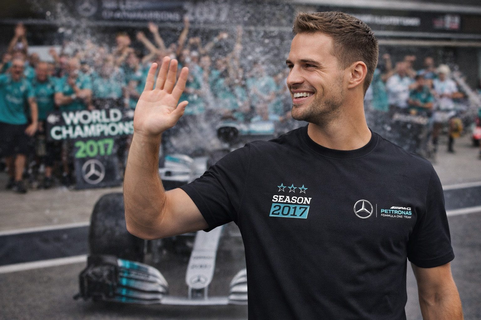 Mercedes AMG Petronas T-Shirt Herren 100% Baumwolle Formel Eins Weltmeister 2017 schwarz Gr. S aus Baumwolle mit lizenziertem Print mit Lizennummer