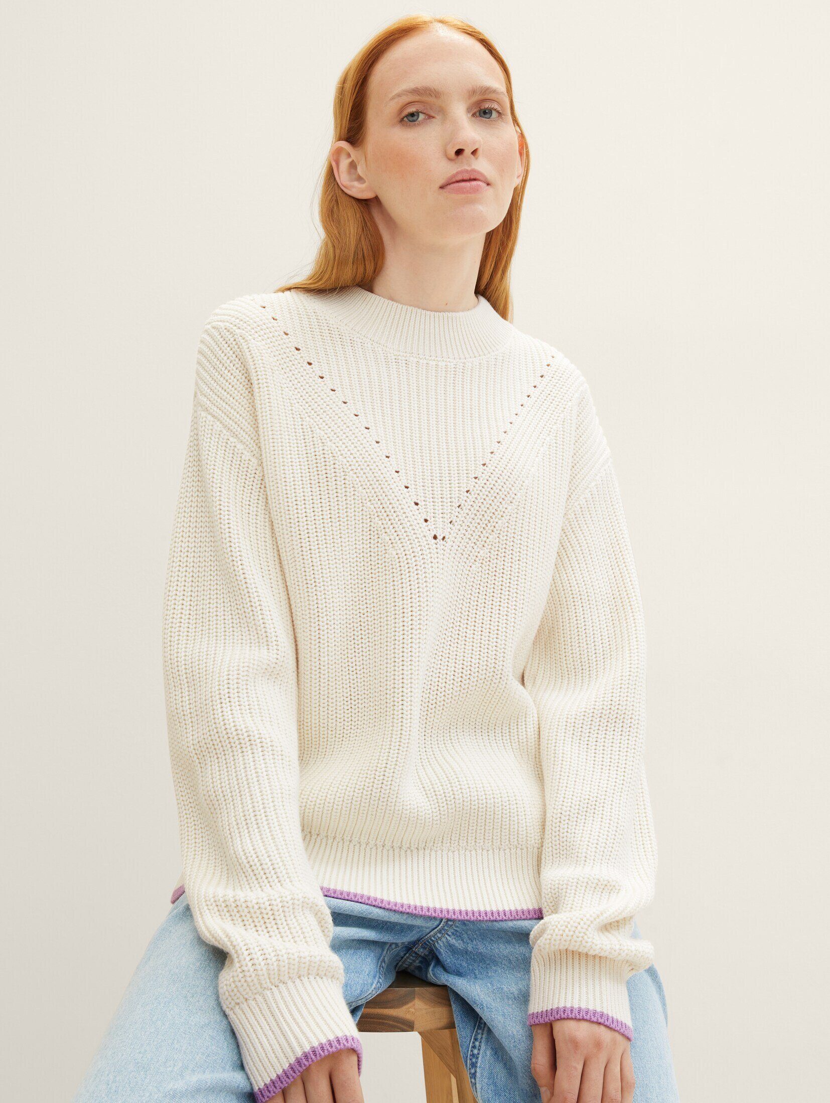 TAILOR beige Strickpullover Strickpullover mit neutral Lochmuster-Struktur soft Denim TOM