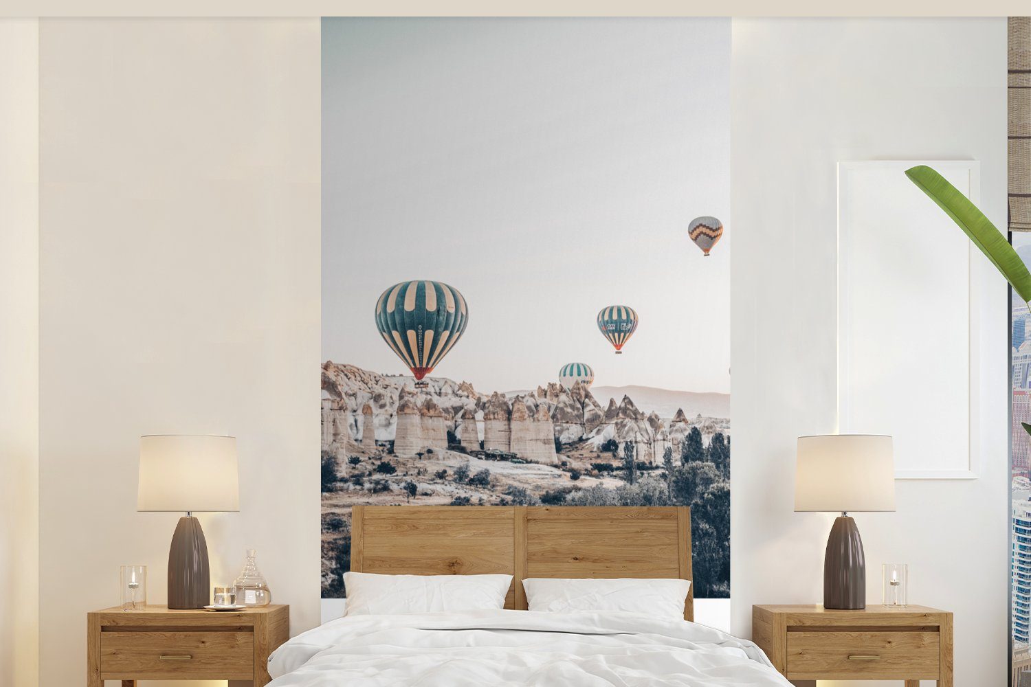 MuchoWow Fototapete Heißluftballon - Türkei - Sommer - Grau, Matt, bedruckt, (2 St), Vliestapete für Wohnzimmer Schlafzimmer Küche, Fototapete