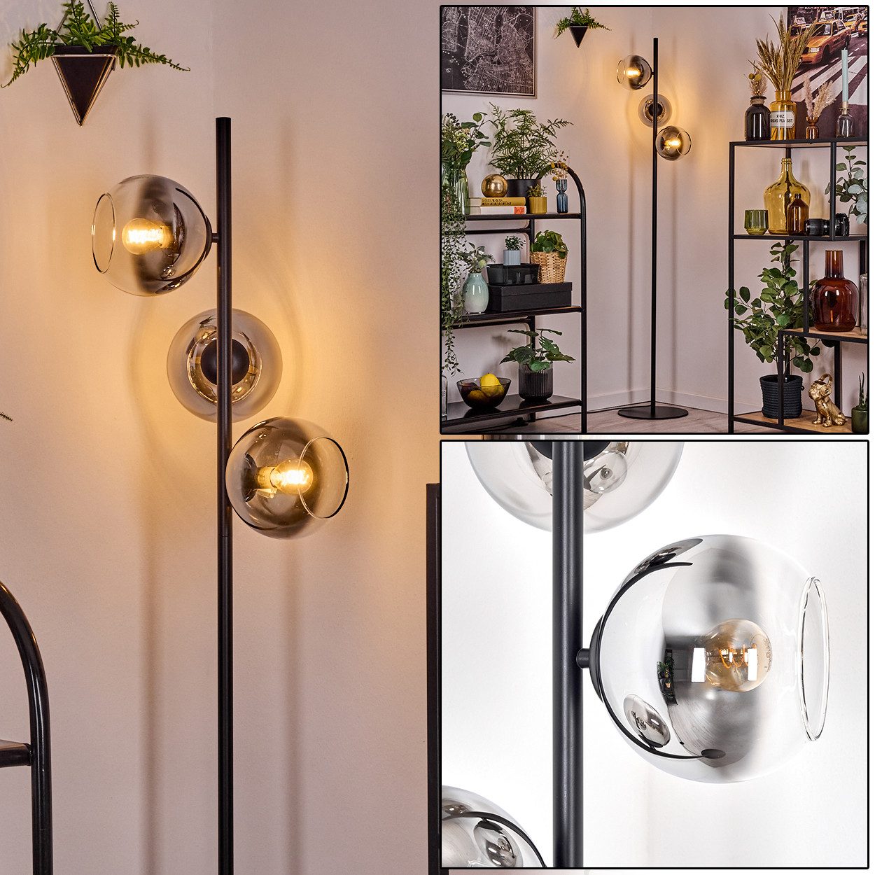 Stehlampe Stehlampe aus Metall/Glas in Schwarz/Chrom-/Rauchfarben/Klar