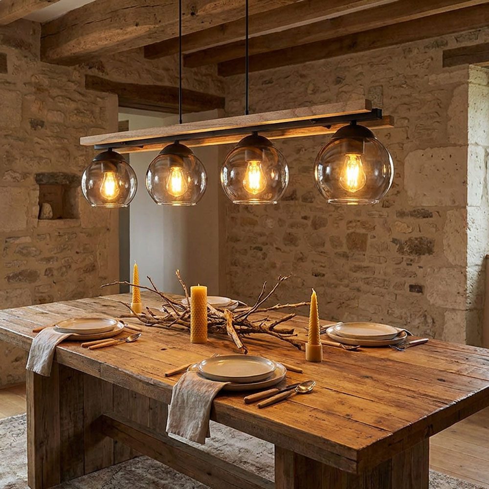 GLOBO LIGHTING Pendelleuchte, Leuchtmittel nicht inklusive, Hängelampe Wohnzimmerleuchte 4 Flammig Eichenholz Glas rauch L 120 cm