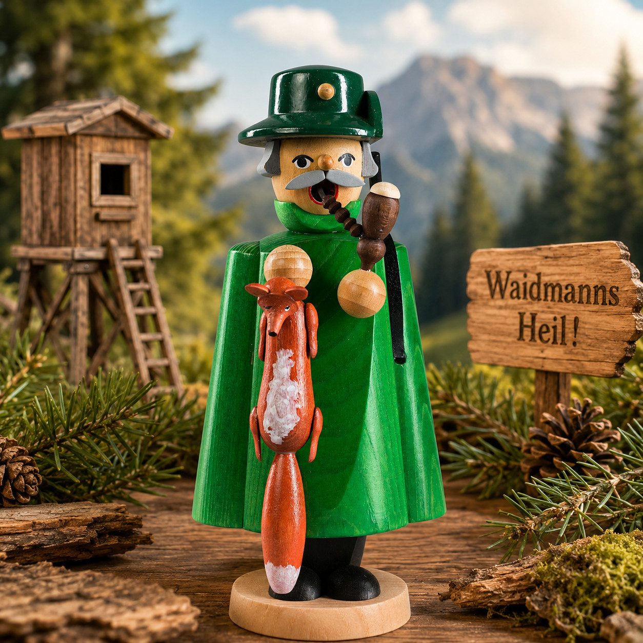 Richard Glaesser Räuchermännchen Förster Jäger mit Fuchs, Höhe ca. 18 cm, Handwerkskunst original Erzgebirge