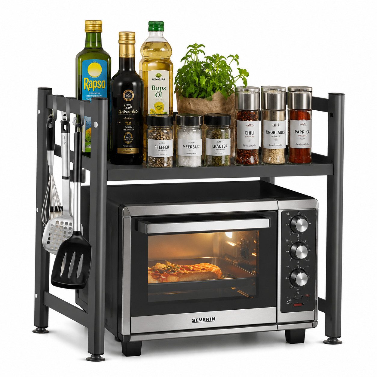 GLIESE POWER Küchenregal für Mikrowelle – 40-60 cm, 25 kg Tragkraft, Verstellbar & Robust, 1-tlg., 40-60 cm verstellbar, 25 kg Tragkraft, 6 Haken – robust & vielseitig.