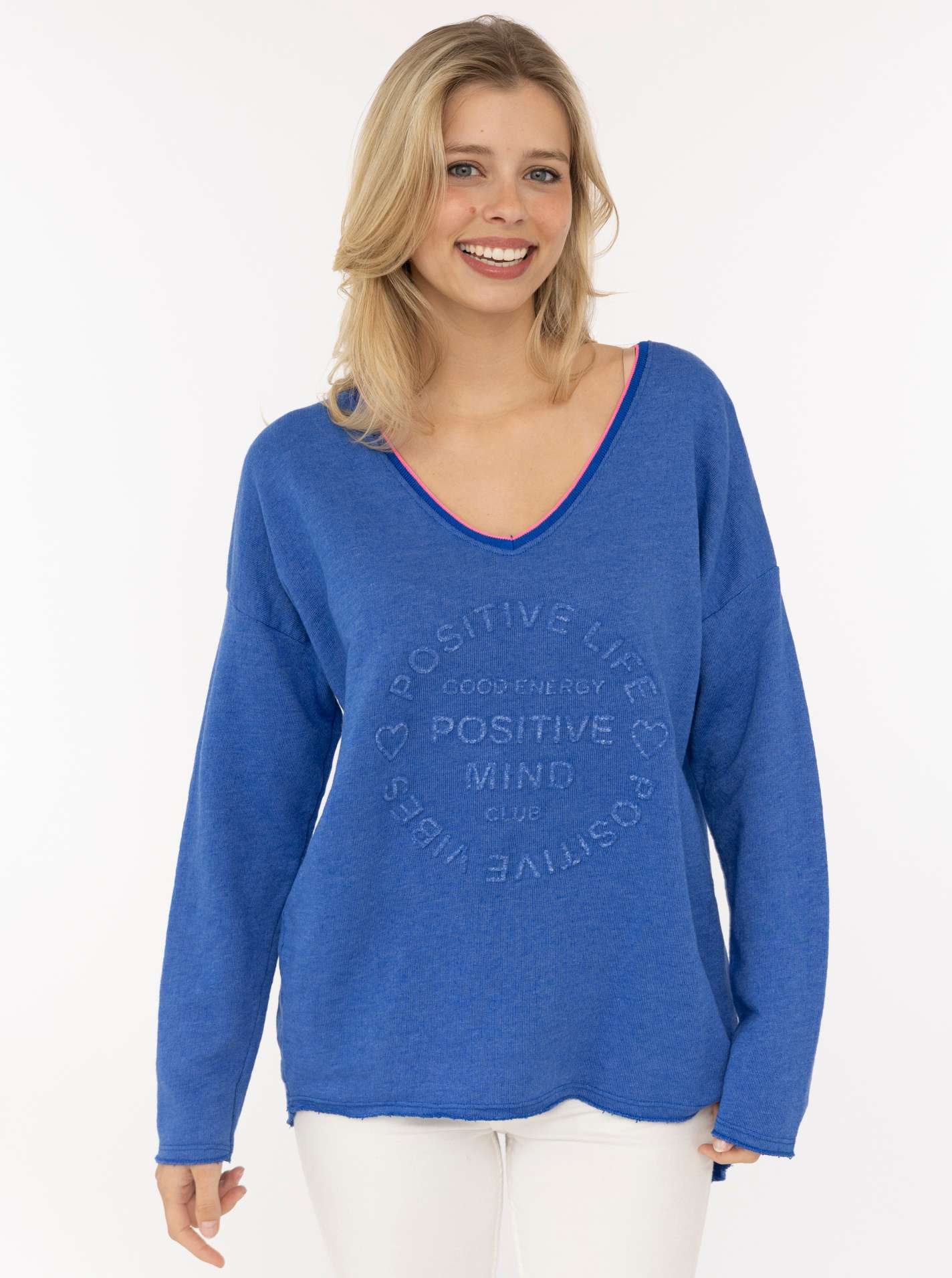 Zwillingsherz Sweatshirt „Positive Mind Neon Kante” mit Kontrastnaht, V-Neck, washed out Optik, langarm