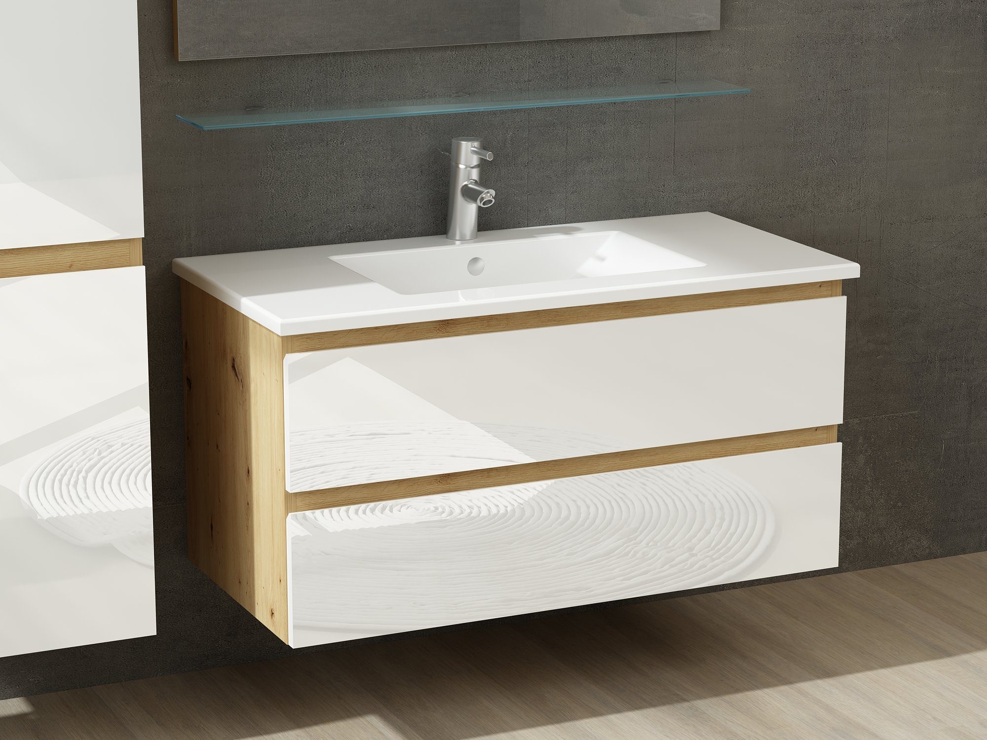 Homeline Badmöbel-Set Leonard-90-1x H, (Badmöbel Set Eiche Artizan/ Weiss Hochglanz Badezimmermöbel 5 Teilg Leonard 90 cm, 5-St)