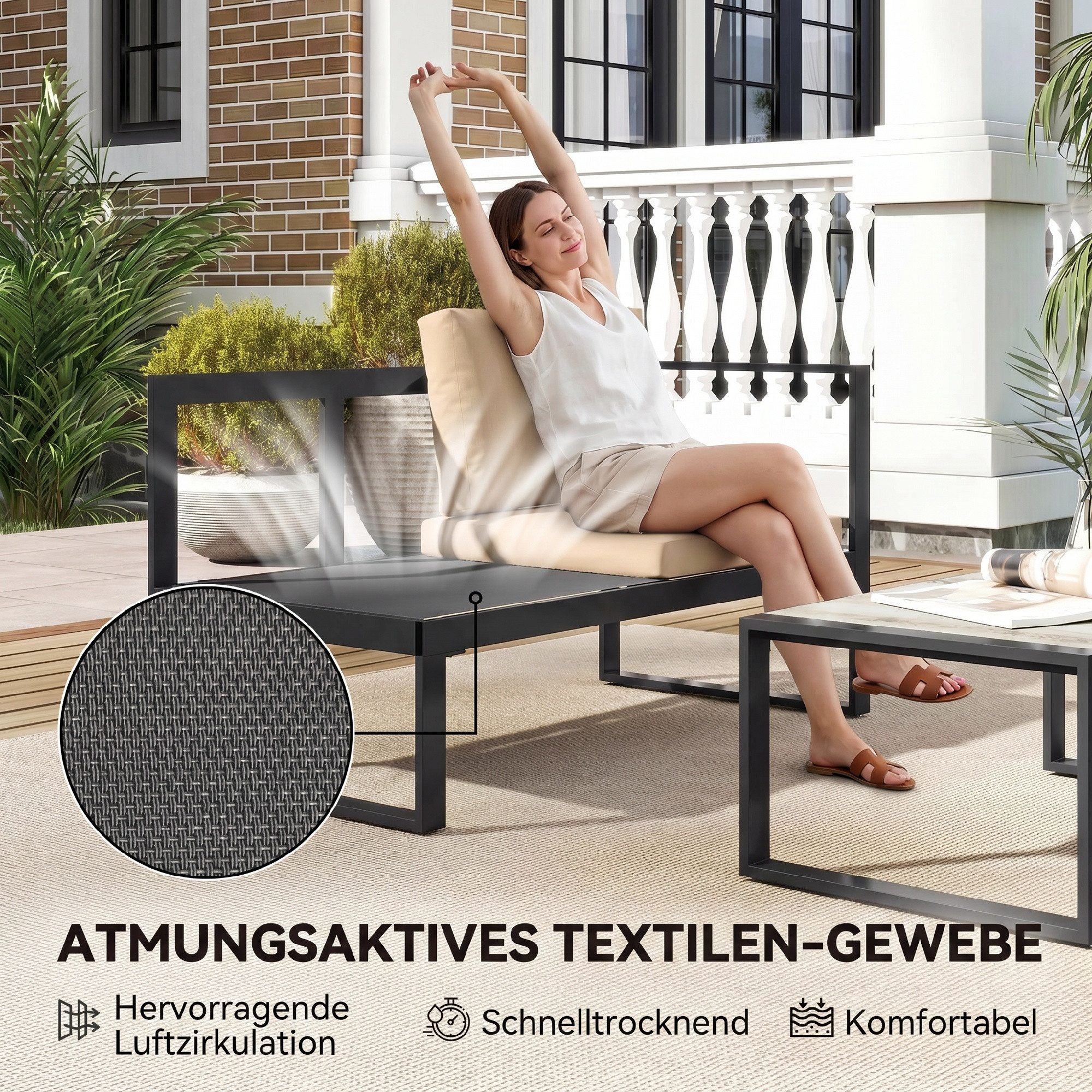 Outsunny Sitzgruppe Gartenmöbel wetterfest Balkonmöbel mit Couchtisch Khaki, (Set, 4-tlg., Sofa-Set), Modulares 4-teiliges Gartenlounge-Set – Bild 5 von 5