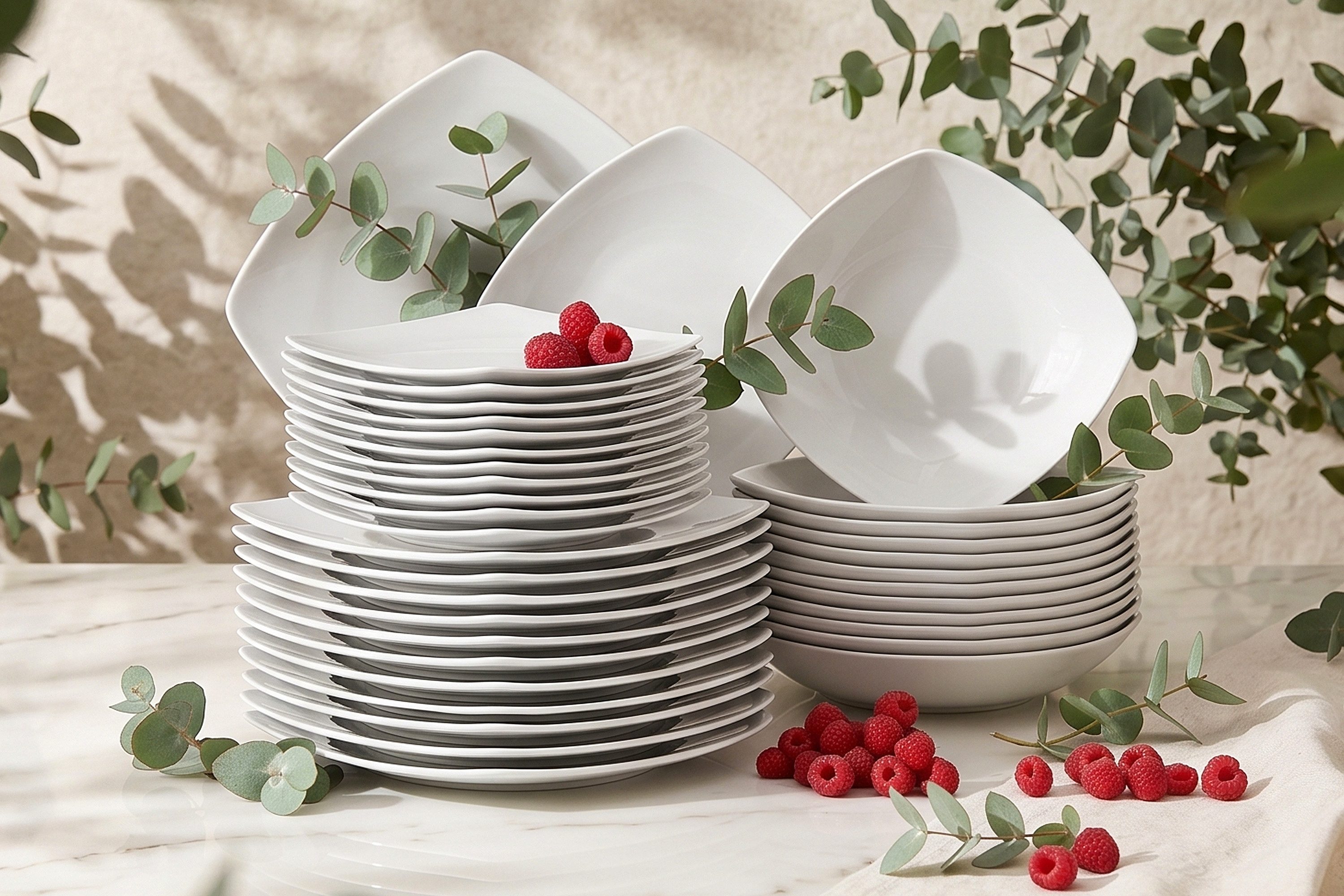 KONSIMO® Tafelservice CARLINA Dessertteller Suppenteller Speiseteller (36-tlg), 12 Personen, Porzellan, Spulmachinen- und Mikrowellengeeignet, quadratisch