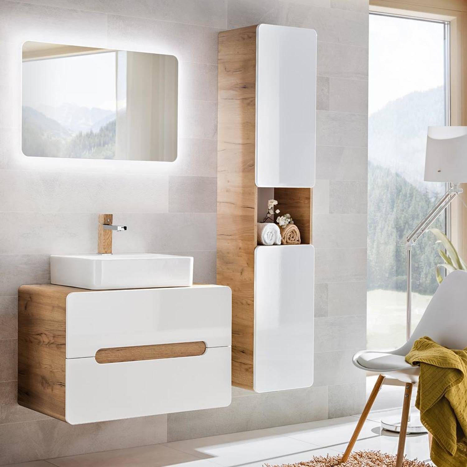 Lomadox Badmobel Set Luton 56 Spar Set 4 Tlg In Hochglanz Weiss Mit Wotaneiche Mit Keramik Aufsatzwaschbecken Bxhxt Ca 130x200x46cm Online Kaufen Otto