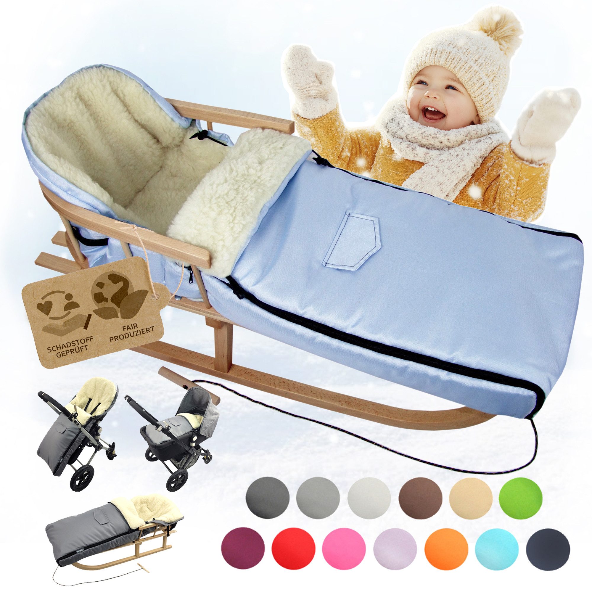 BambiniWelt by Rafael K. Schlitten CE-HOLZSCHLITTEN mit Rückenlehne Zugleine + WINTERFUßSACK Wolle 108cm (universaler Winterfußsack (108cm) + Holzschlitten (90cm), Kombi-Angebot