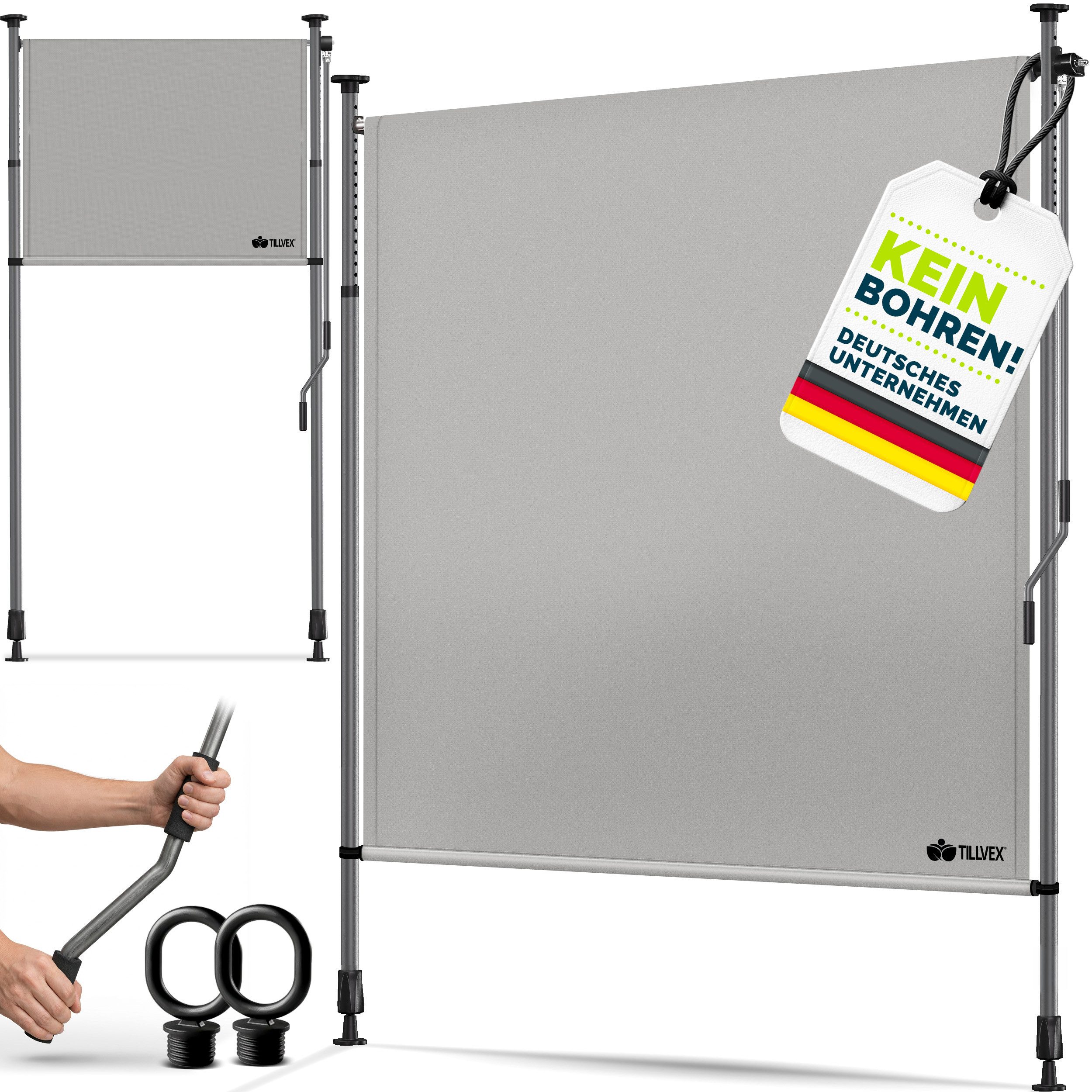 tillvex Klemmmarkise tillvex© Klemmmarkise Senkrechtmarkise Außen Balkon ohne Bohren (Sichtschutzrollo Terrasse Garten Wetterfest, Vertikalmarkise Sichtschutz Ausziehbar & Blickdicht) Klemmmarkise mit Handkurbel ohne Bohren Balkon