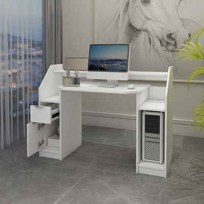 ML-DESIGN Schreibtisch Computertisch Bürotisch Arbeitstisch PC-Tisch Laptop Tisch Büromöbel, Weiß Schublade Tür Stauraum offenen Ablagefächer 123,2x90cm Holz