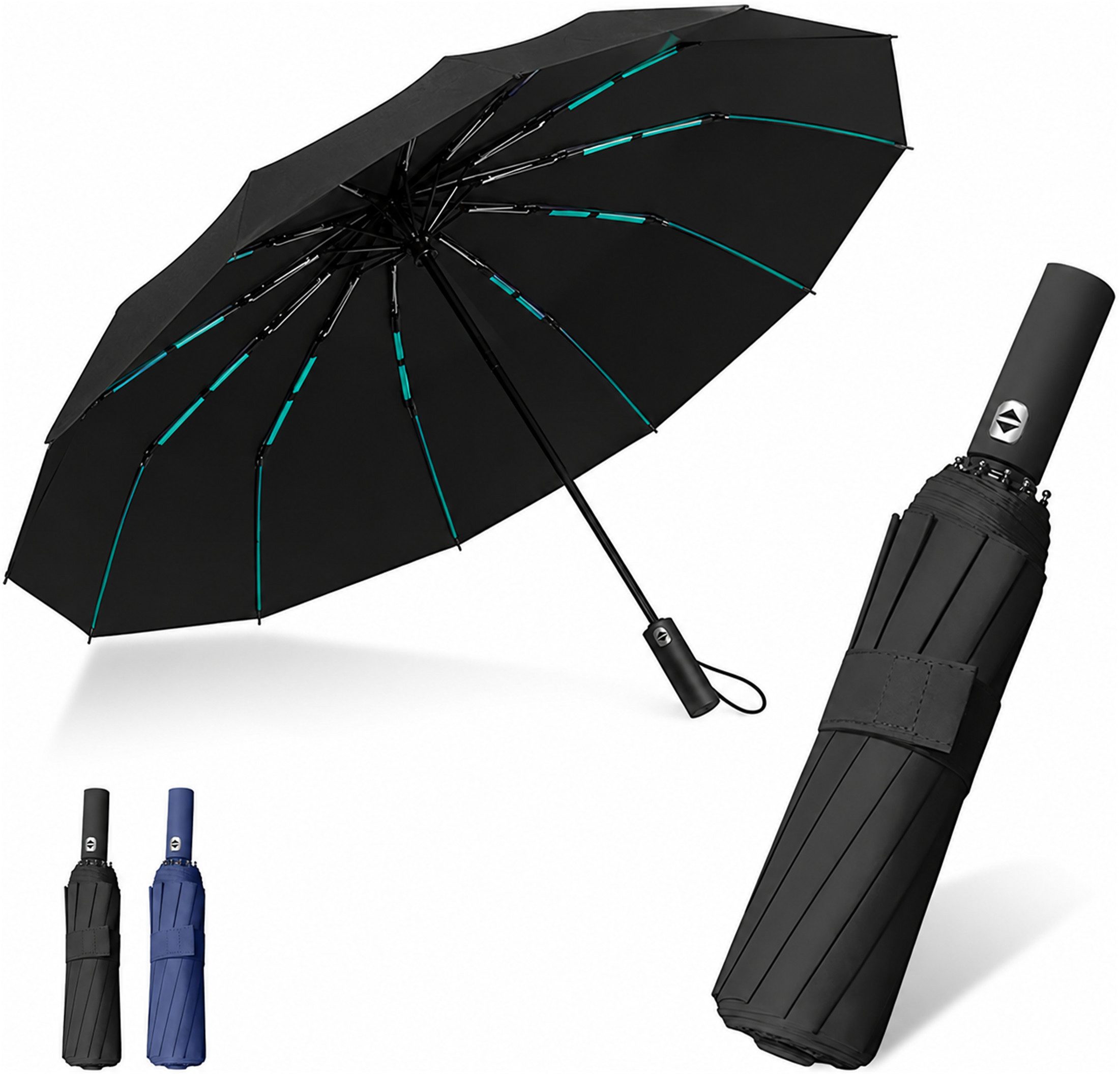 Fyrove Taschenregenschirm Regenschirm Schwarz mit 144-fach verdichteter Strebenstruktur, für Alltag, Business, Pendeln, Auto, Büro sowie Sonne und Regen