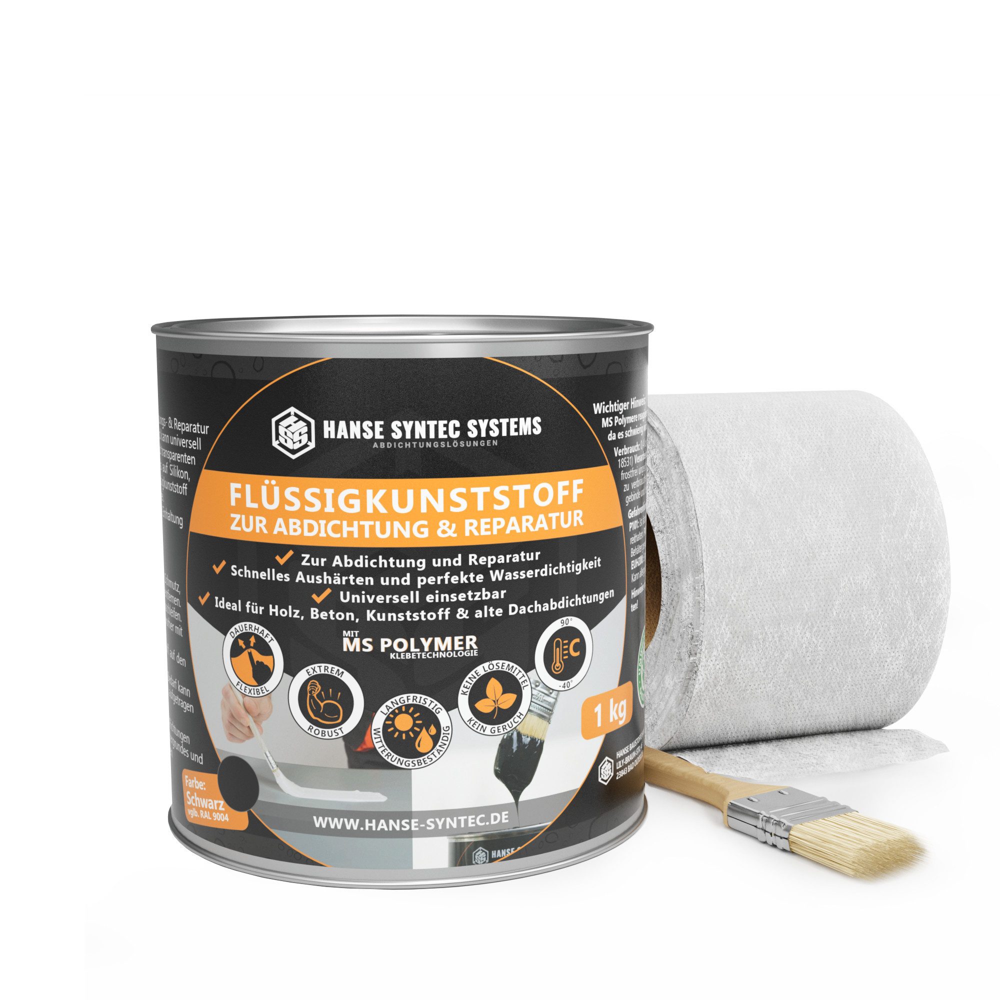 Hanse Syntec Systems Dichtstoff Flüssigkunststoff Abdichtungsset inkl. Pinsel & Vlies, geeignet für alle Untergründe außer Silikon, frischen Bitumen/Asphalt