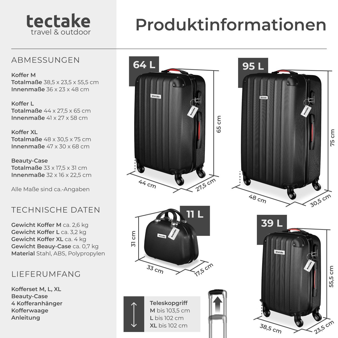 tectake Trolley Hartschalenkoffer-Set, 4 Rollen, 4-teilig, 3 Trolleys, 1 Beauty Case inkl. Kofferwaage und -anhänger