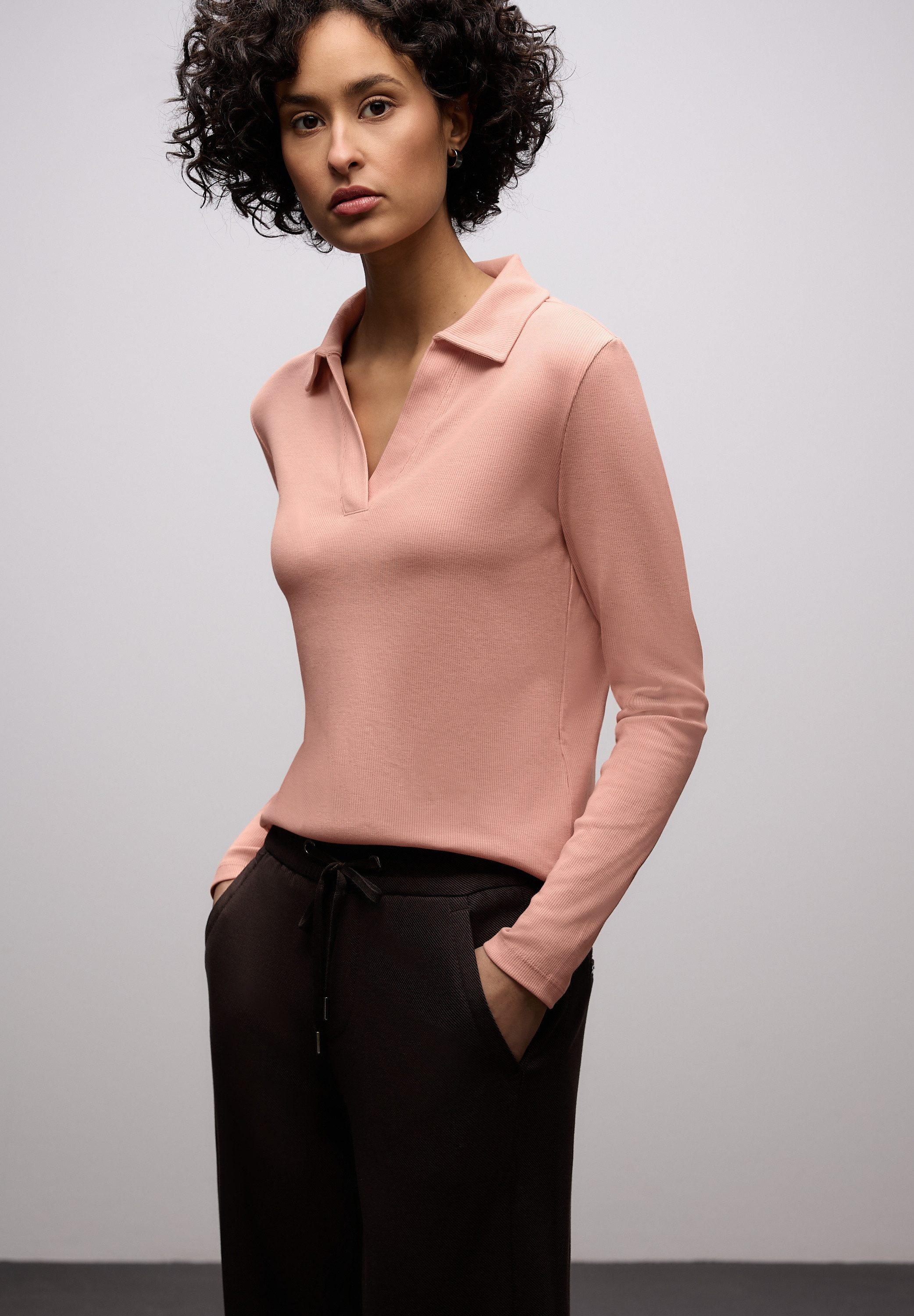 STREET ONE Langarm-Poloshirt in Melange-Optik und mit Ripp-Struktur