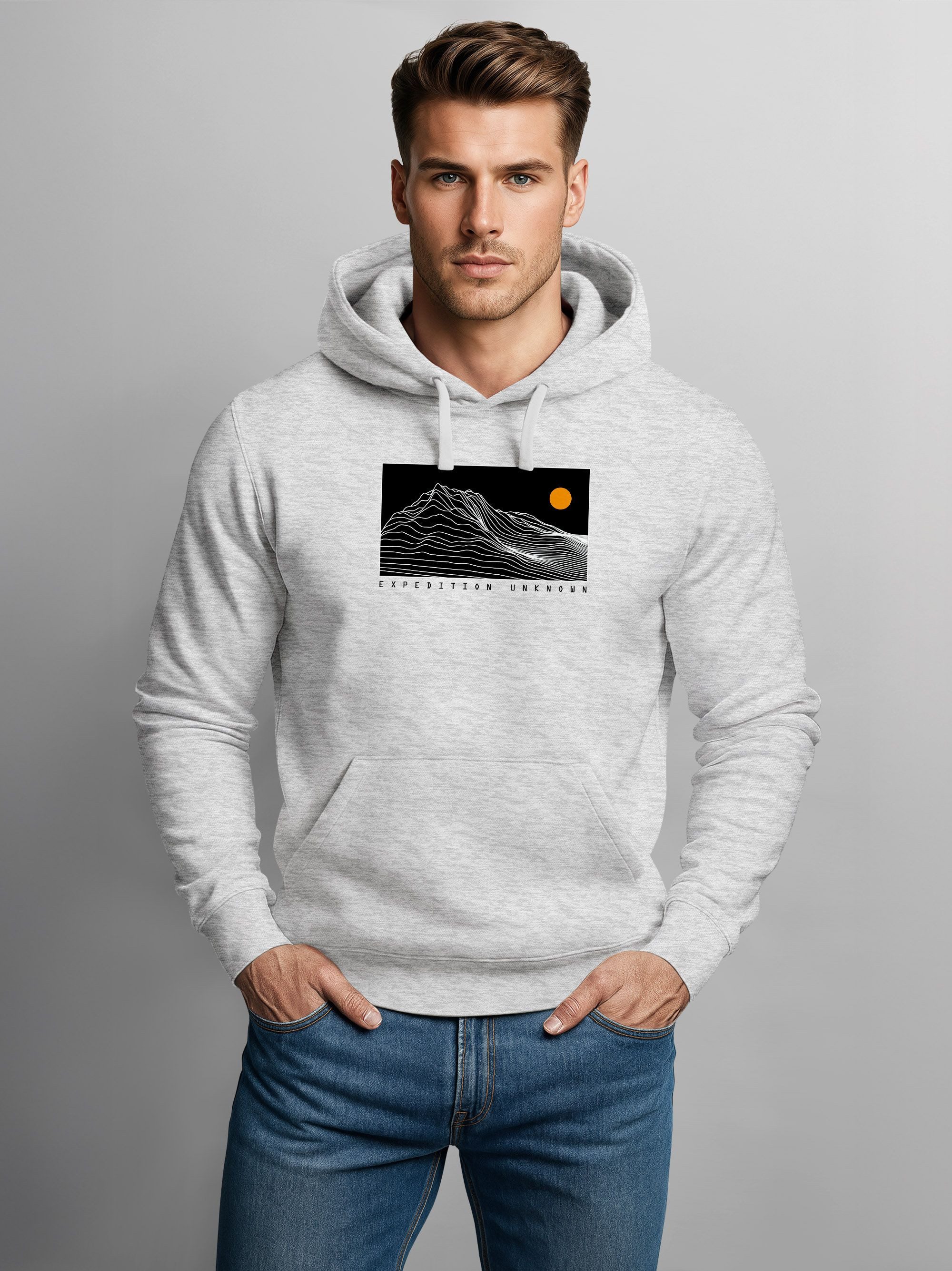 Neverless Hoodie Herren Hoodie Expedition Unknown Kapuzensweatshirt Berglinien Print