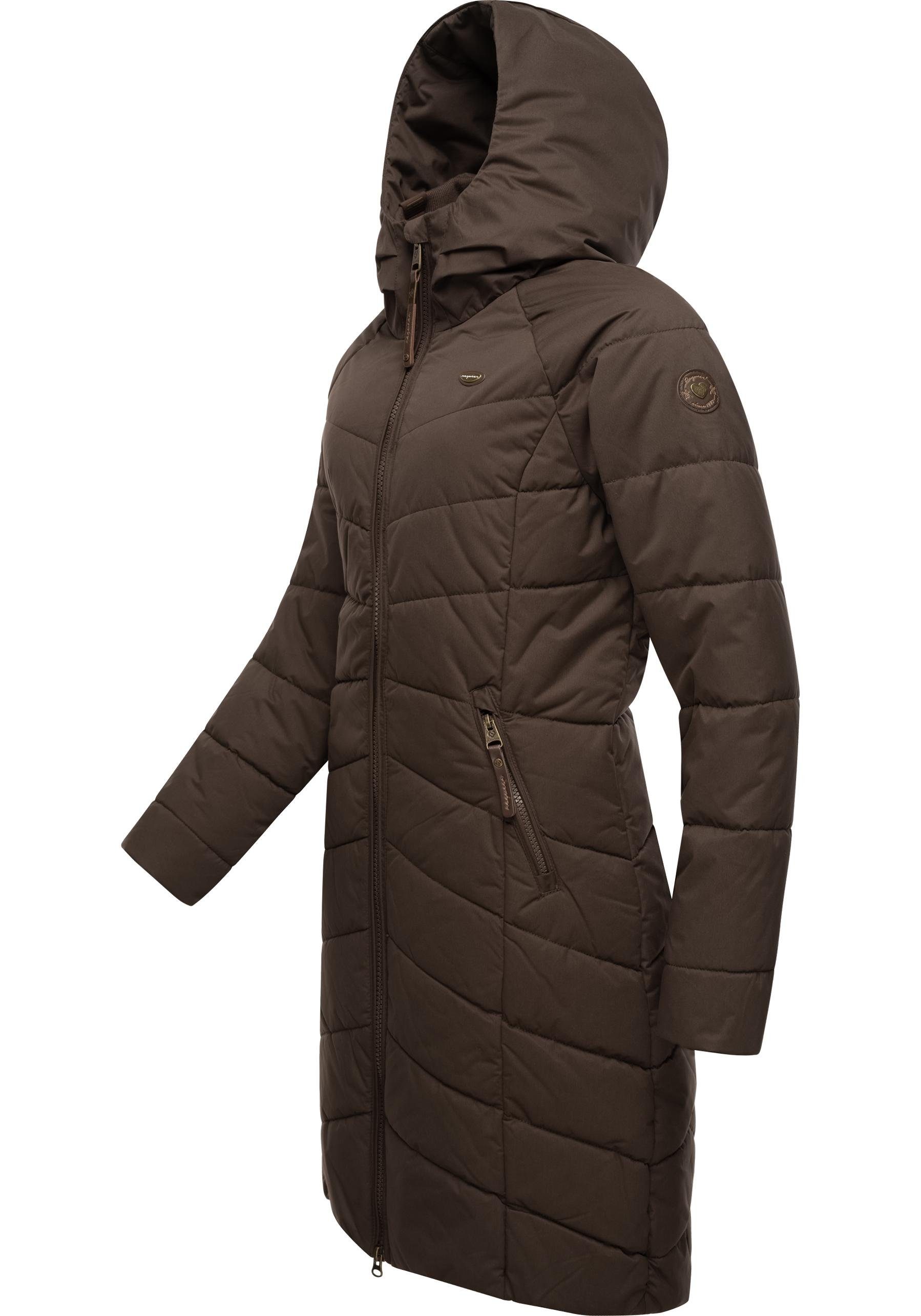 stylischer, mit Winterparka gesteppter Kapuze gefütterter Dizzie dunkelbraun Steppmantel Coat Ragwear